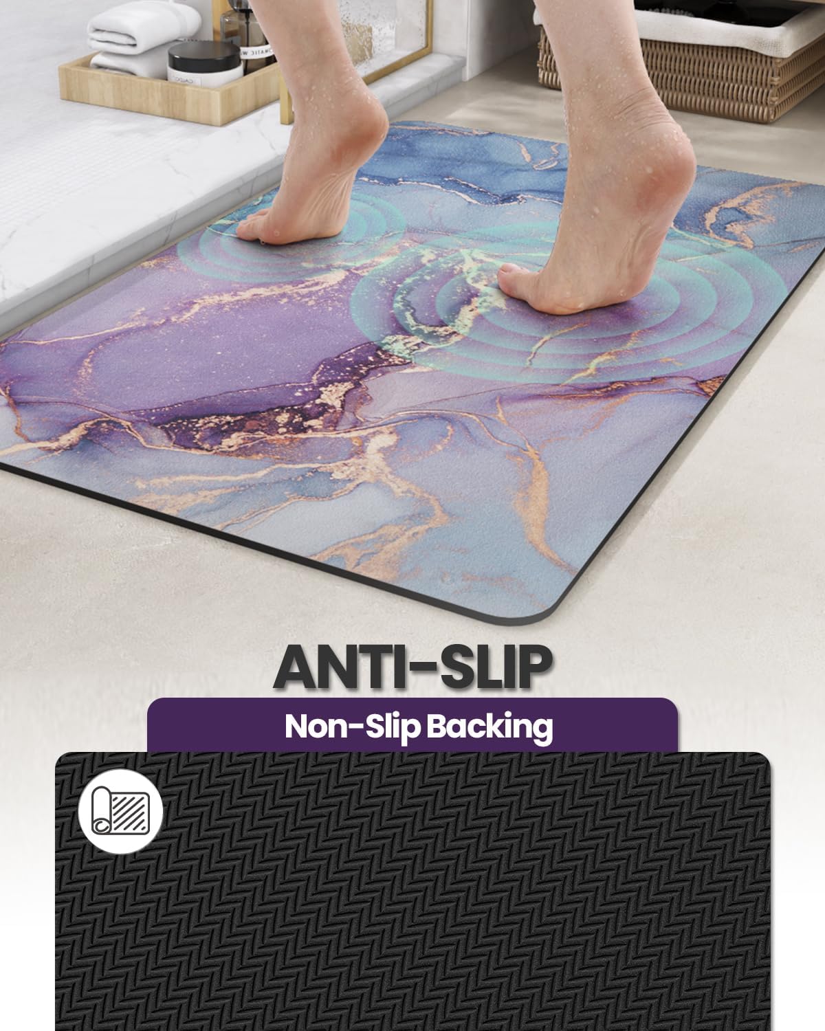 DEXI Bathroom Mat Ultra Thin, Non Slip Bath Rug for Shower Floor, Absorbent Quick Dry Marble Bathmats Low Profile, 17x43, Blue and Purple