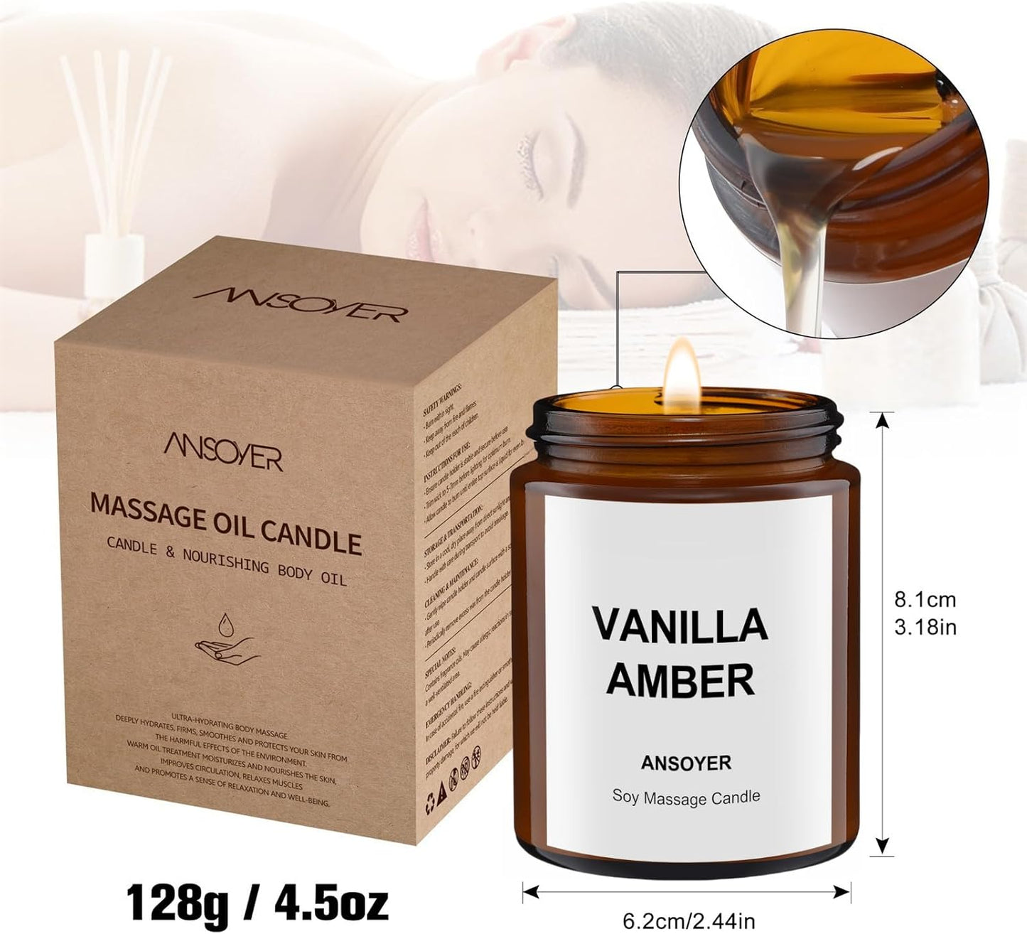 Massage Oil Candle, Romantic Gift SPA Use Home Scented Candle Body Oil, Ultra Hydrating Body Care with Soybean Oil, 4.5oz (Vanilla Amber)