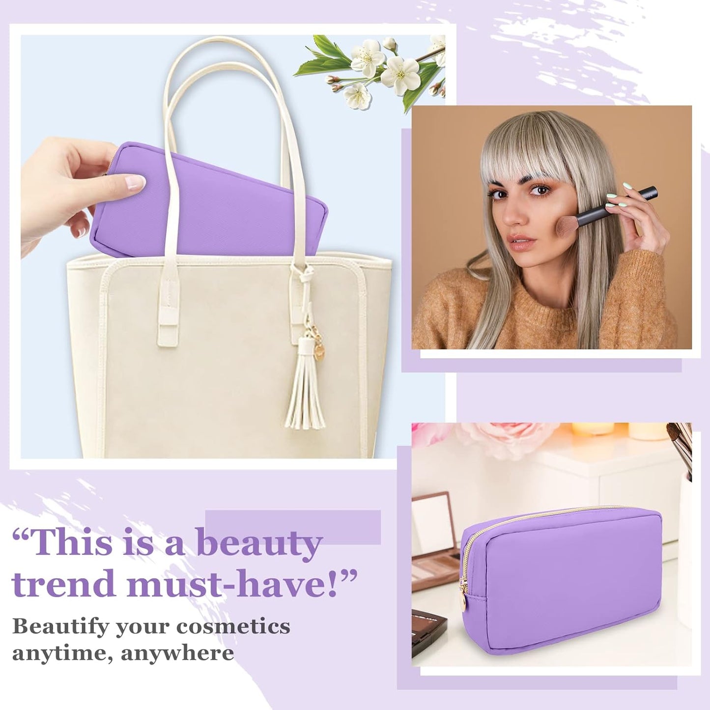Nylon Small Makeup Bag for Purse, Cute Preppy Makeup Bag Cosmetic Zipper Pouch Purse, Waterproof Portable Travel Toiletry Bag Clutch Makeup Brush Bag Organizer Storage for Women Men Girls(Purple)