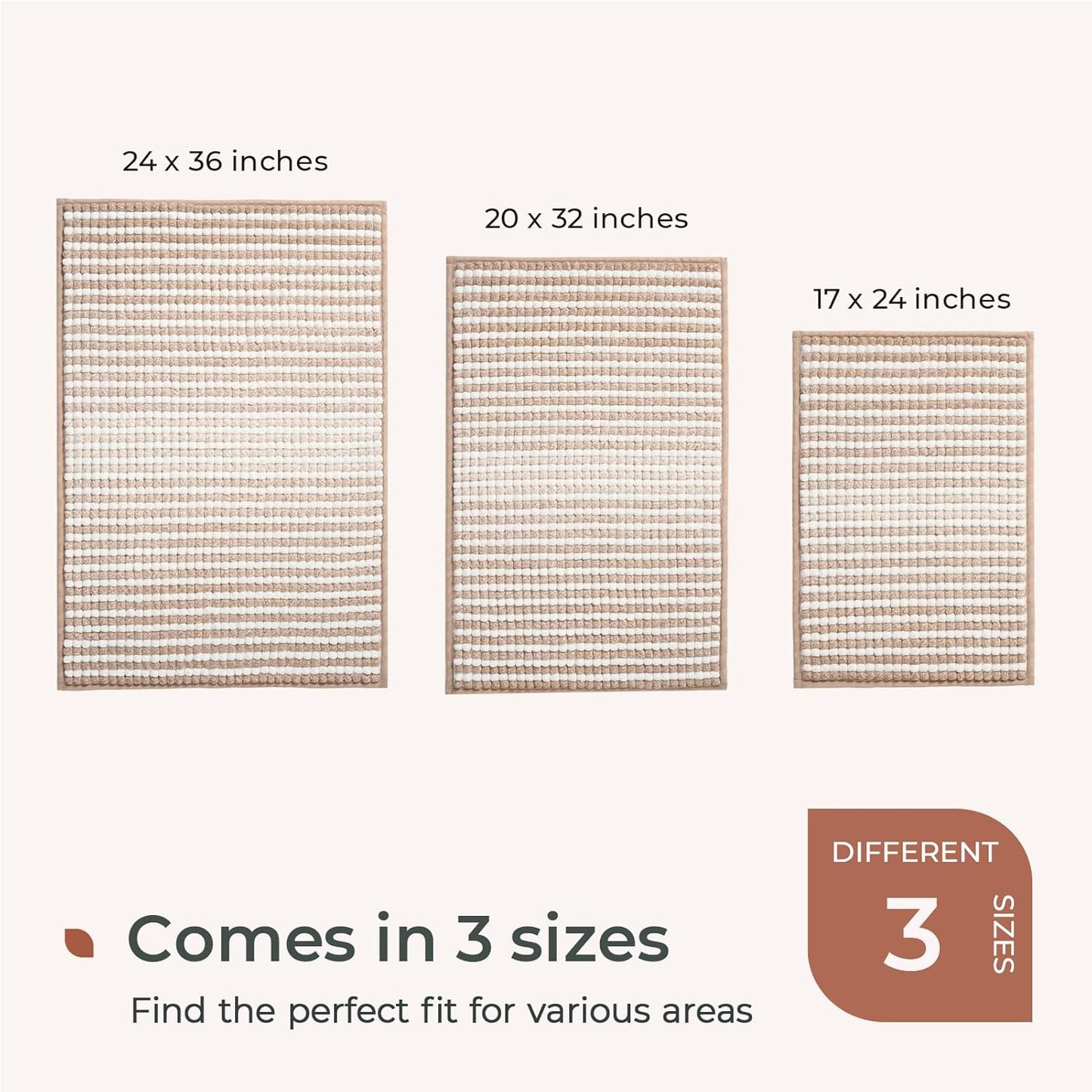 FRESHMINT Chunky Ombre Chenille Bathroom Rug 17"x24", Small Water Absorbent Soft Bath Rugs for Bathroom Floor, Thick Non Slip Bath Mat Washable Quick Dry Shower Mats, Beige and White