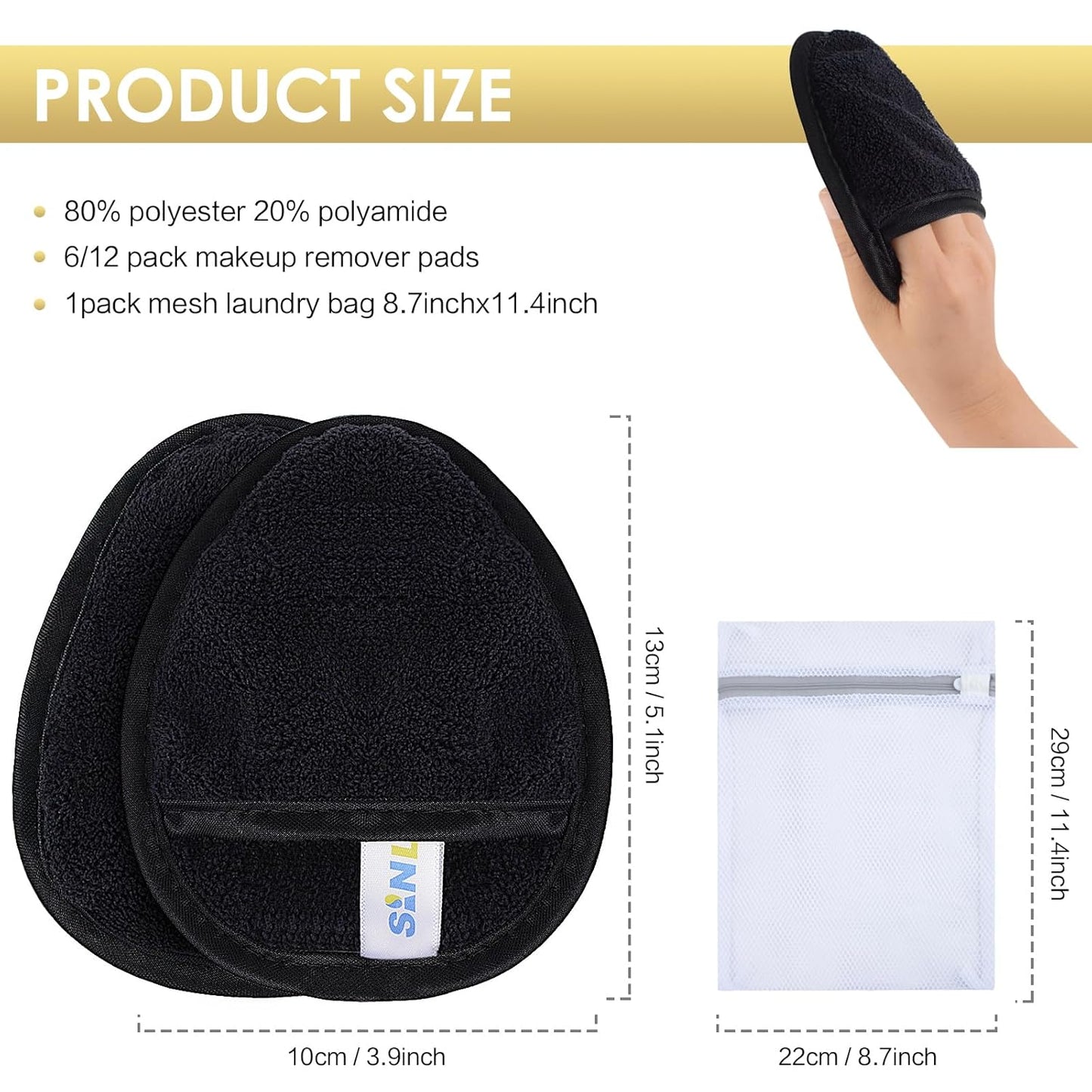 SINLAND Reusable Makeup Remover Pads For Face,Eye,Lips Microfiber Gentle Facial Cleansing Cloths for All Skin Types Friendly for Makeup Remover With Laundry Bag Black Pack of 6