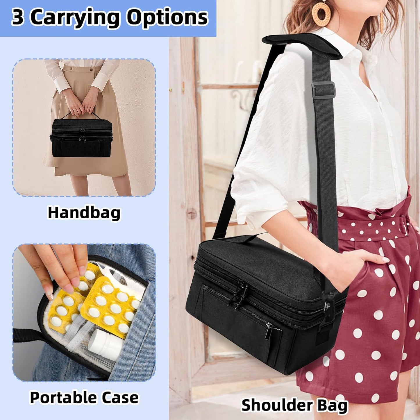 Medicine Bag for Traveling with Portable Small Pouch, Double Layer Pill Bottle Organizer Storage Case with Lockable Zippers, Carrying Medication Travel Case with Shoulder Strap (BAG ONLY) Black