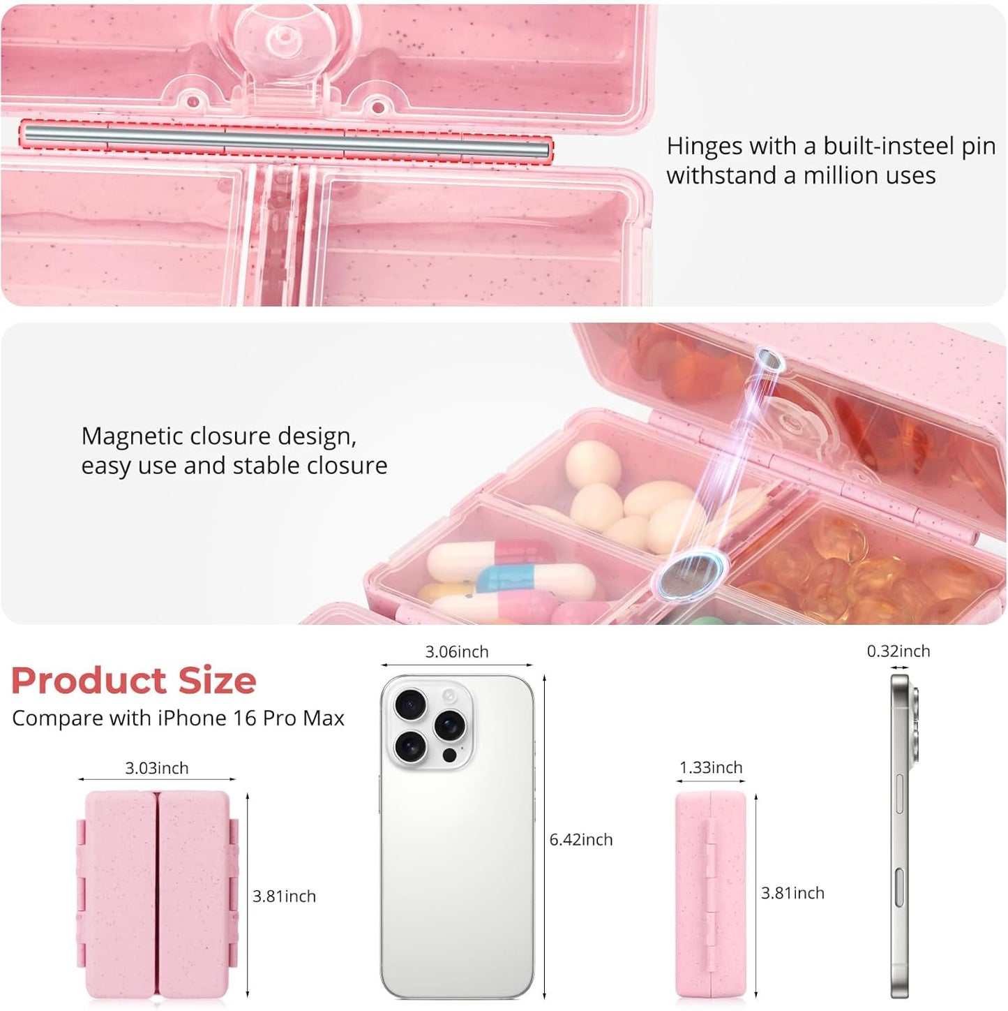 Zentiky Small Daily Pill Organizer with Labels, Medicine Pill Organizer Fit with Your Purse or Pocket for Travel to Hold Vitamin, Fish Oil, Supplement,Cotton Swabs, Bandages or Jewelry-Pink