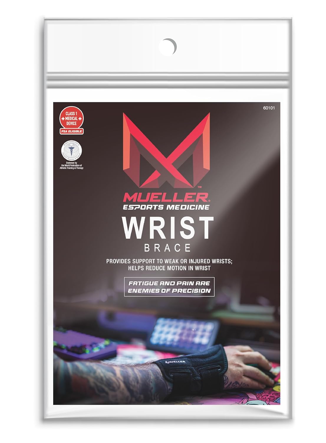 MUELLER Esports Medicine Fitted Wrist Brace for Men and Women, Wrist Pain Relief Support, 6 KTape Strips Included, Ideal for Gamer's, Carpal Tunnel, Tendonitis, Arthritis, Left Hand, Black, One Size