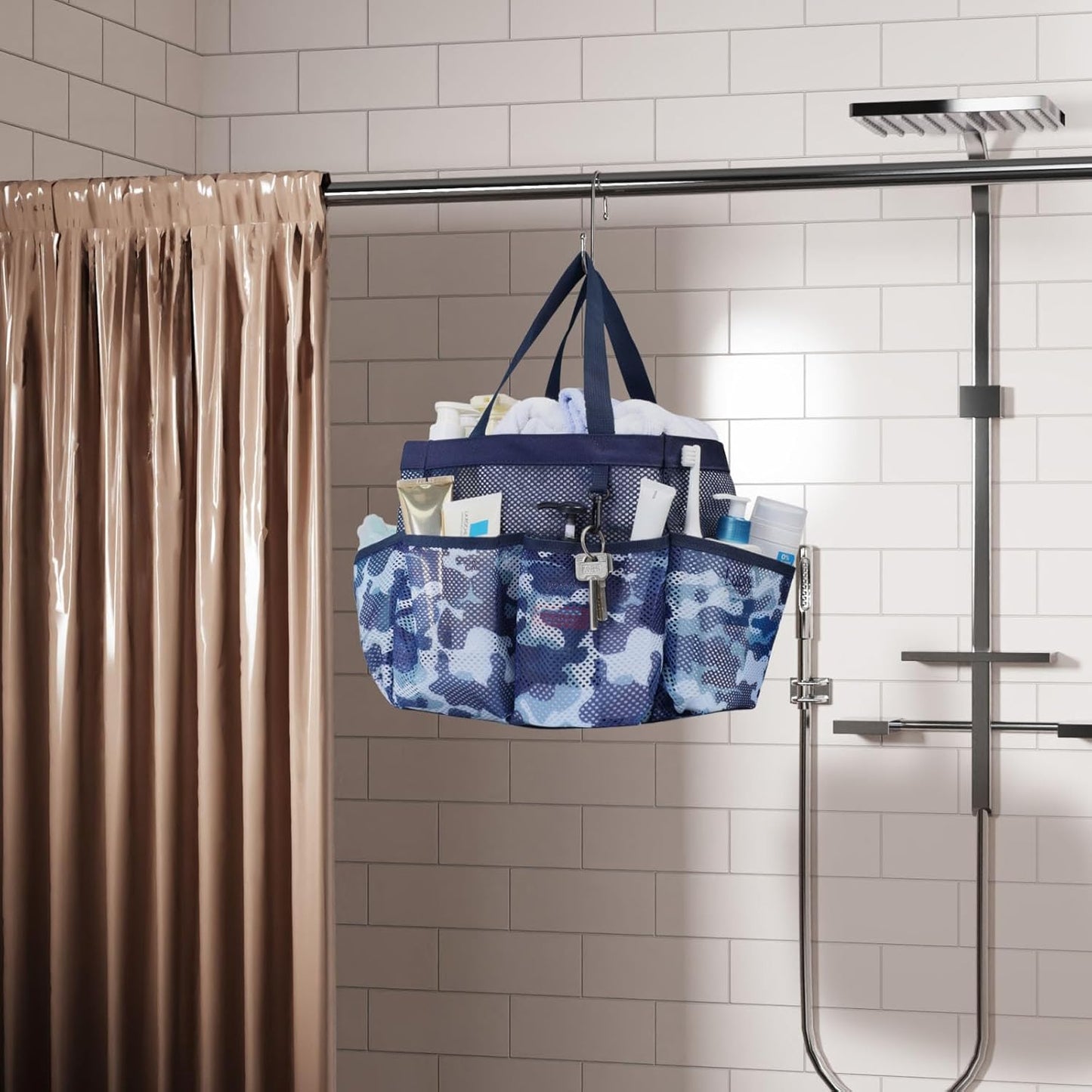 F-color Shower Caddy Portable - Mesh Shower Bag Basket Tote for College Dorm Room Essentials Bathroom Gym Camp Quick Dry for Women Men with S Hook, Dark Blue Camouflage