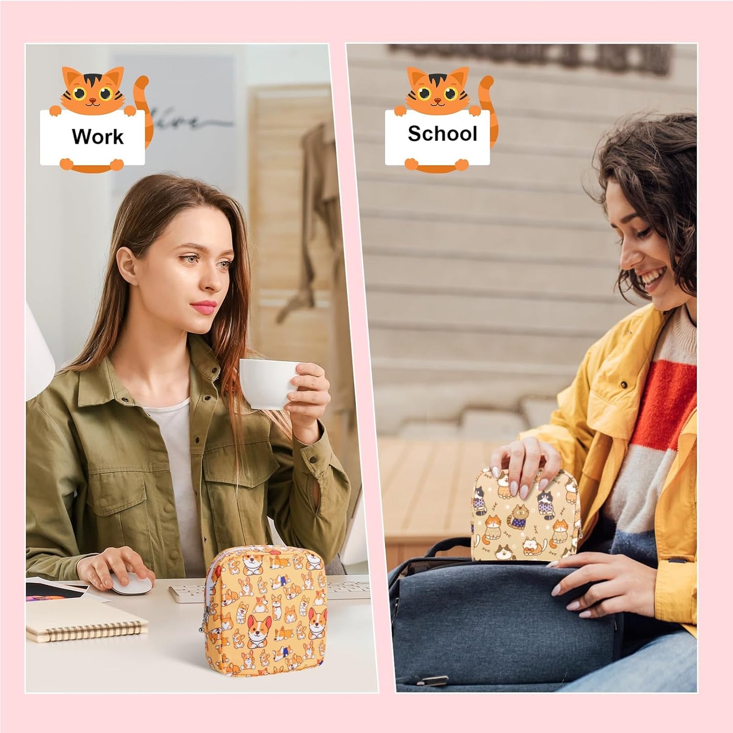 Period Bag Pouch, Canvas Sanitary Napkin Storage Bag for Girls Womens, Portable Sanitary Napkin Period Pad Pouch for Purse, Small Make Up Bags(Gray Cat)