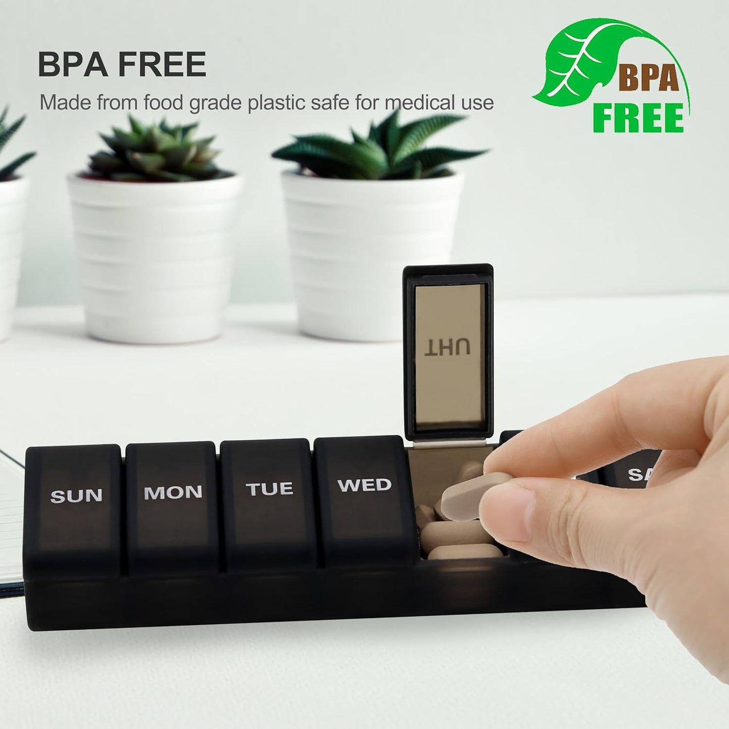 Silicone Weekly Pill Organizer 7 Day, Arthritis-Friendly Medicine Box Daily Pill Box, Large Medicine Case with Shell, Compact Travel Pill Container for Pill, Vitamin, & Fish Oil (Black)