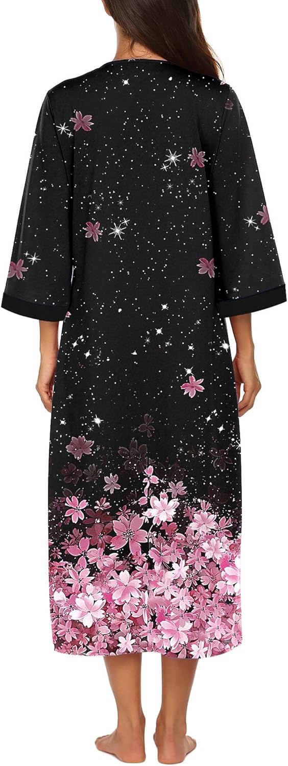 Ekouaer Women Zipper Robe 3/4 Sleeves Loungewear Dress Full Length Sleepwear Pockets Housecoat Nightgown Long Bathrobe