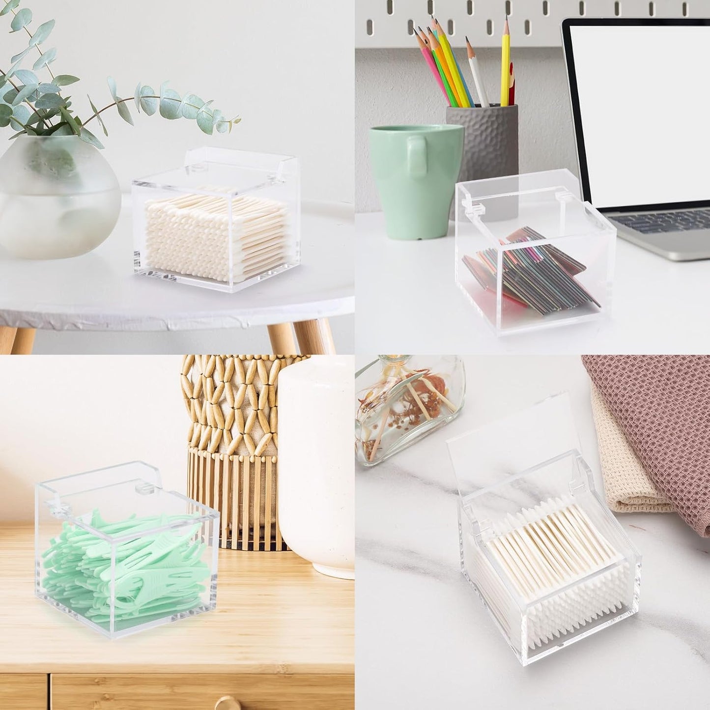 Tbestmax Qtip Holder with Lid, 4mm Thickness Cotton Ball Swab Organizer Acrylic Square Bathroom Containers Makeup Pad Cosmetic Storage - Clear
