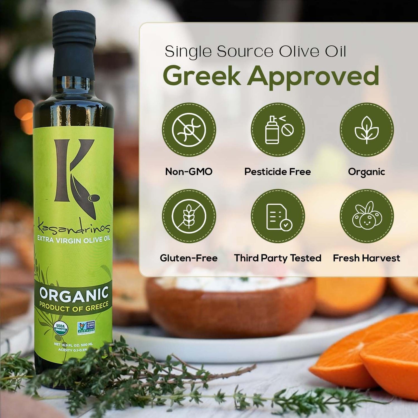 Kasandrinos Organic Olive Oil Extra Virgin, Polyphenol Rich Greek Olive Oil, 100% Organic First Cold Pressed, Mild + Delicate Flavor, Verified by Non GMO, 500 ml / 16.9 oz