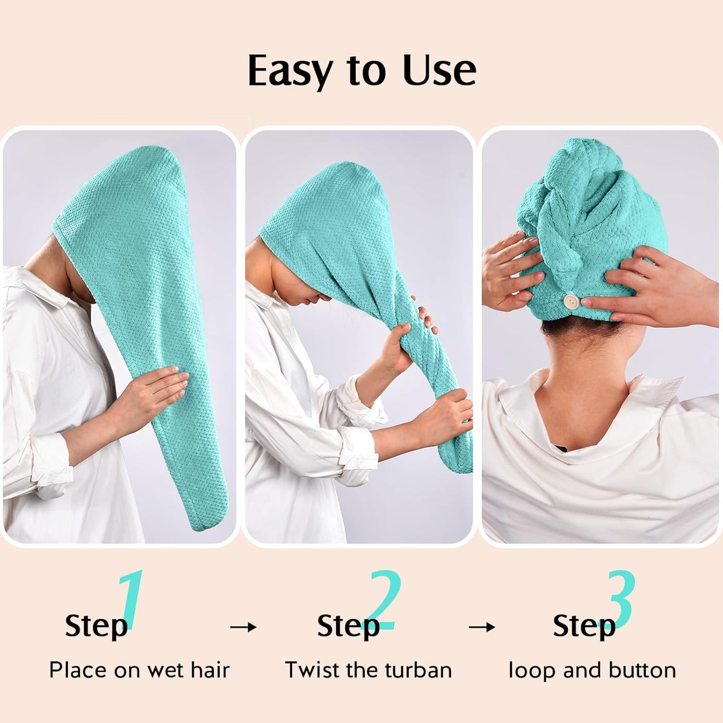 YFONG 2 Pack Microfiber Hair Towel Wrap for Women, Super Absorbent Quick Dry Hair Turban for All Hair Style Anti Frizz, Large Hair Drying Towel with Button