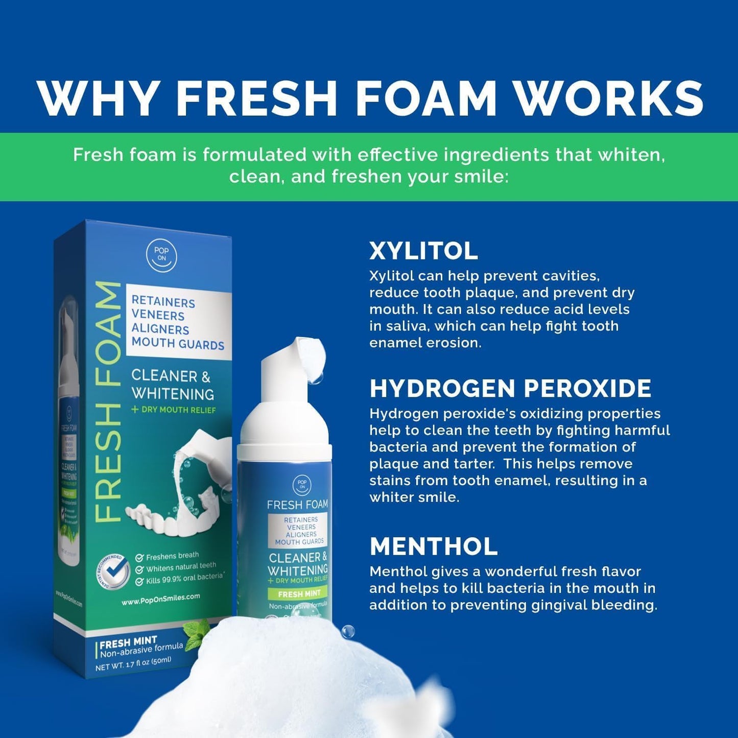 Retainer Cleaner Foam for Invisalign, Aligner Cleaner Whitening Foam for Mouth Guard Night Guard Veneers, Whitens Teeth, Freshens & Fights Bad Breath, 3% Hydrogen Peroxide, Mint - 50ml