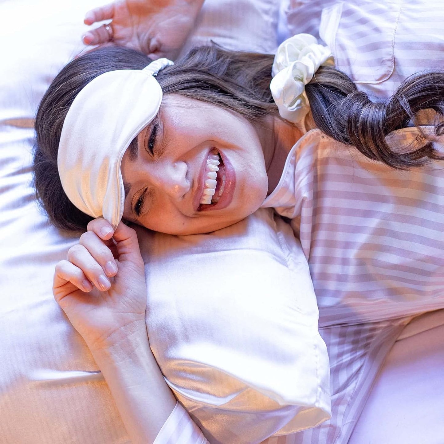 Vegan Silk Sleep Set, Vegan Silk Pillowcase with Large Scrunchie and Eye Mask for Hair and Skin, Self Care Essential Satin Night Routine Kit (Cream Color)