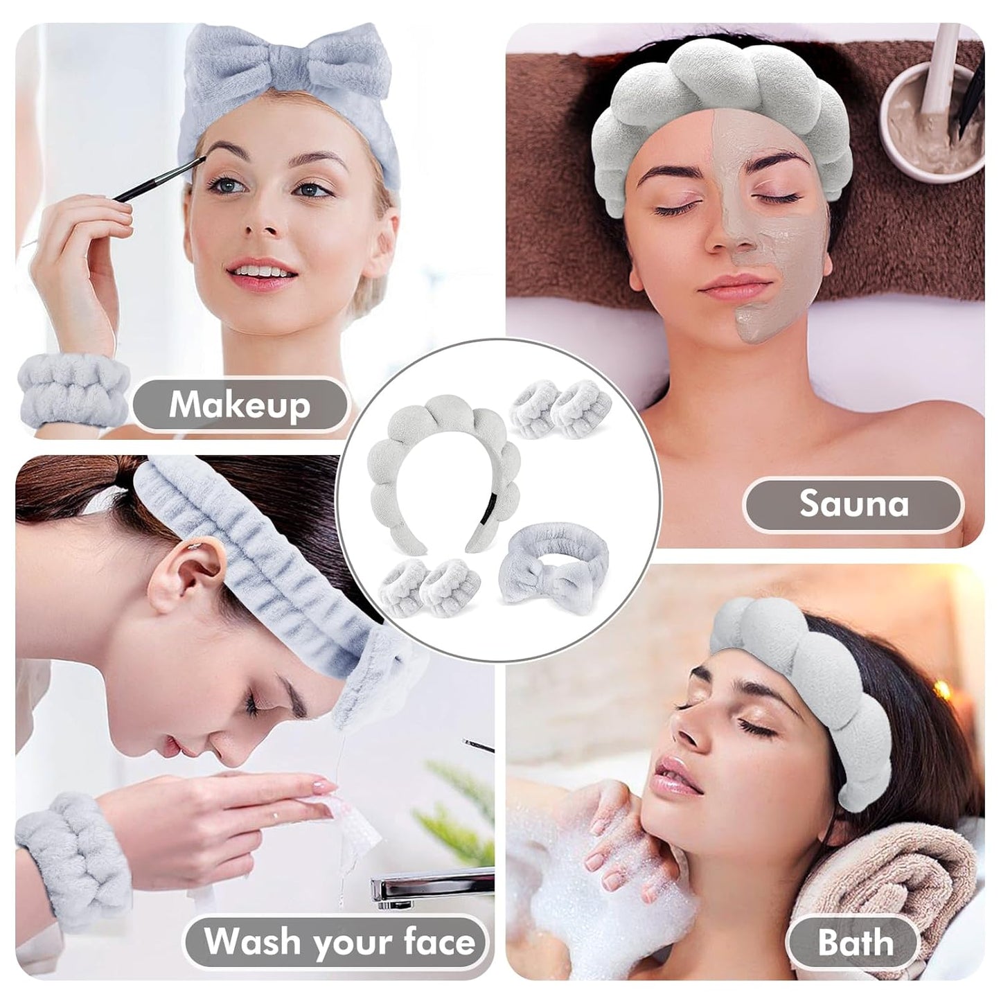 Zkptops 6Pcs Spa Headband for Washing Face Wristbands Set Women Bubble Skincare Makeup Sponge Terry Cloth Padded Puffy Headband Bow Tie Hairband Cute Non Slip Thick Hair Accessory Gifts (Grey)