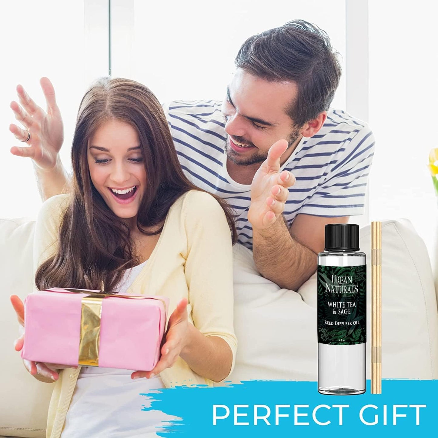 Urban Naturals Reed Diffuser Oil Refill White Tea & Sage, Sparkling Bergamot, Fresh Sage, 4 oz + Free Reed Sticks, Made in The USA