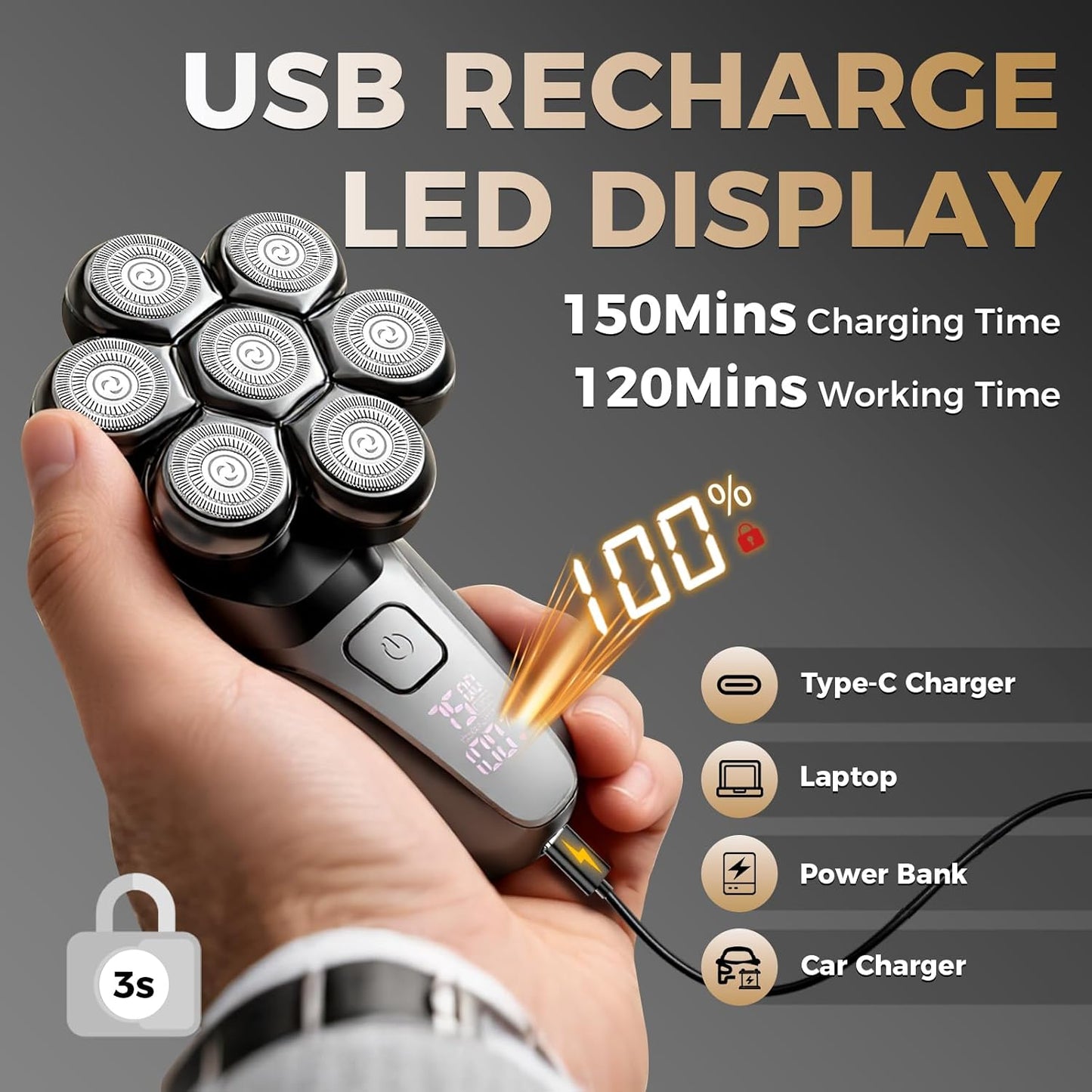 Ufree 7D Rotating Head Shaver for Bald Men, Magnetic Detachable Blades, IPX7 Waterproof Electric Razor, Head Face Beard Trimmer Grooming Kit with USB Fast Charge, Smart LED Display, Mens Gifts