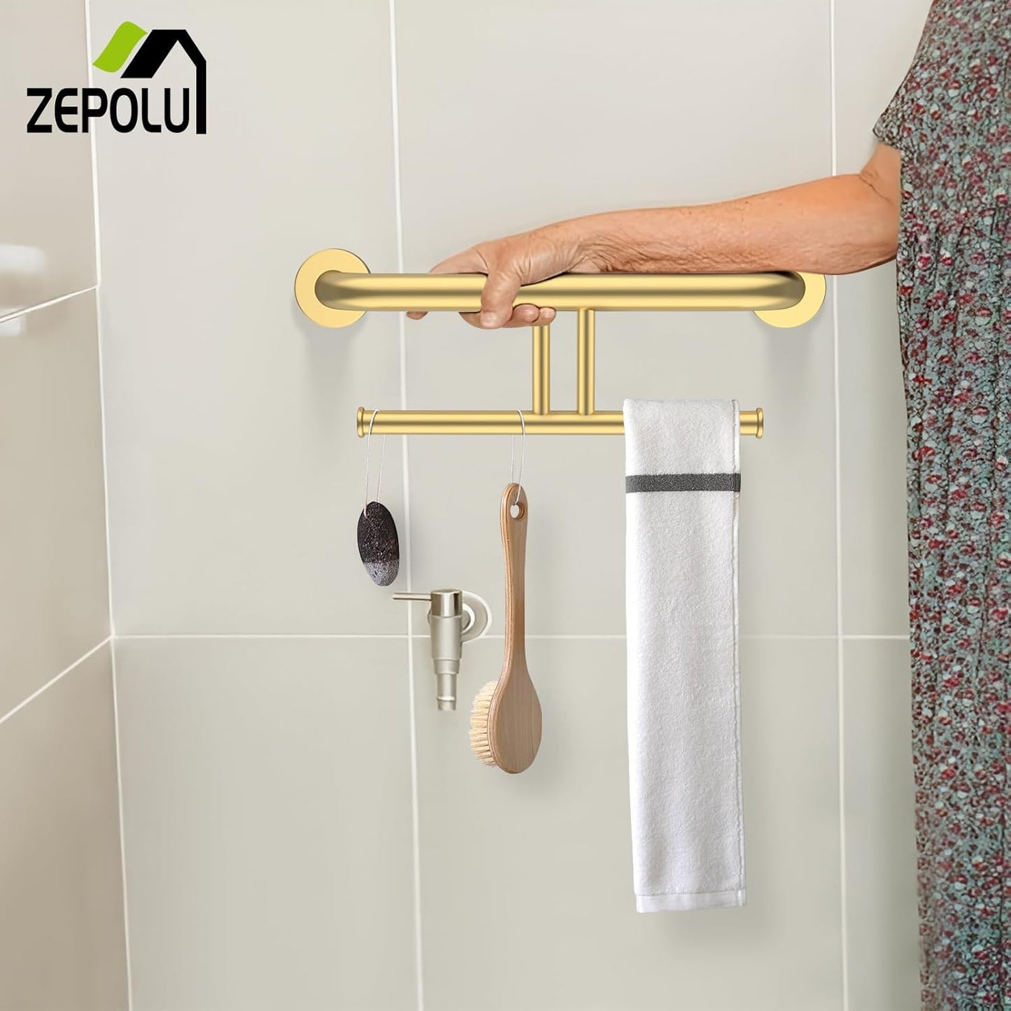 Brushed Gold Grab Bar for Bathroom 17 Inch, Zepolu Stainless Steel 2-in-1 Safety Handrail w/Double Toilet Paper Holder, Wall Mounted Balanced Support Bar Assist Handle for Senior Elderly Handicap