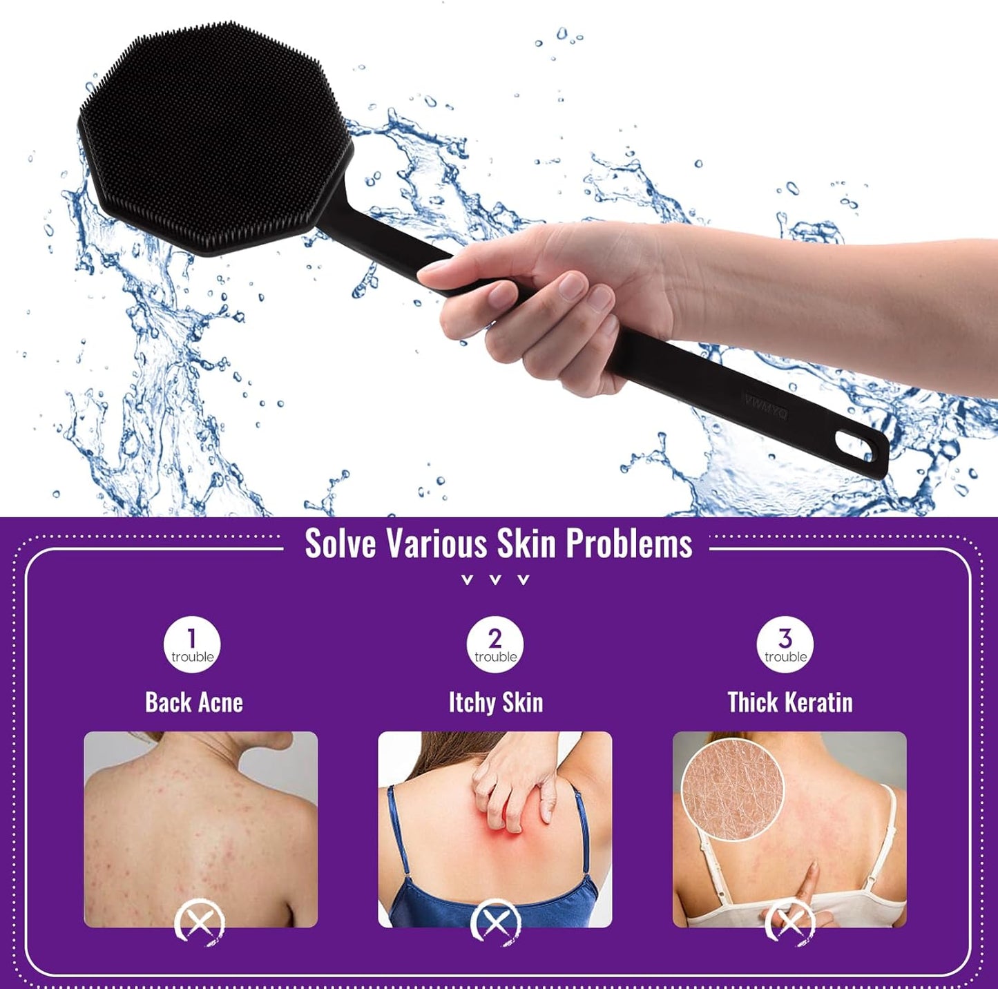 Silicone Back Scrubber for Shower,Back Washer for Shower Men, Lengthen Bath Body Brush with Long Handle, Brush for Shower Exfoliating and Massage Shower Brush - Black