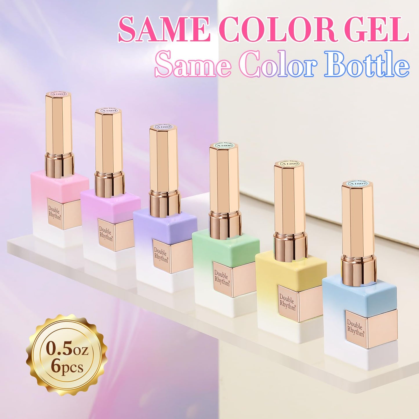 Double Rhythm 6 Pcs 15 ML Gel Polish Set Same Color Same Bottle Soak Off Gel Polish Kit Nail Art Manicure Salon DIY at Home for Women (Jelly Pink Purple Green Yellow Blue-T6-22)