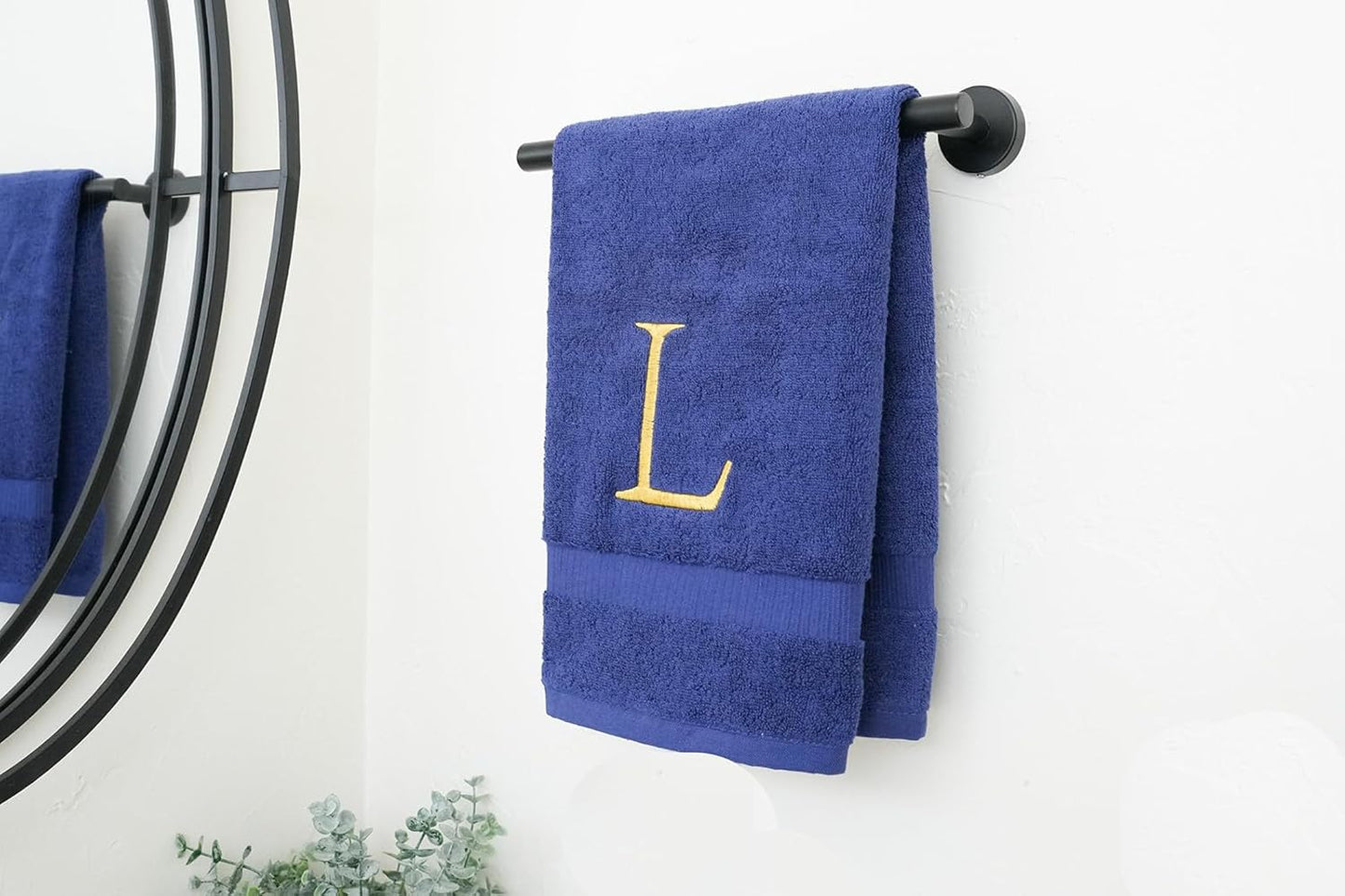 Navy and Gold Bathroom Hand Towel - Monogrammed Luxury Hotel Quality Decorative Embroidered Towel for Powder Room, Spa - GOTS Organic Certified - Pack of 2, Letter L