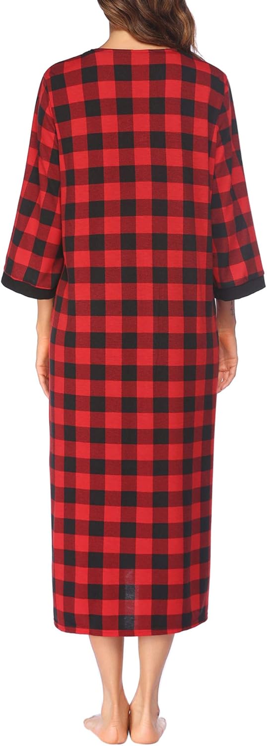 Ekouaer Women Zipper Robe 3/4 Sleeves Loungewear Dress Full Length Sleepwear Pockets Housecoat Nightgown Long Bathrobe