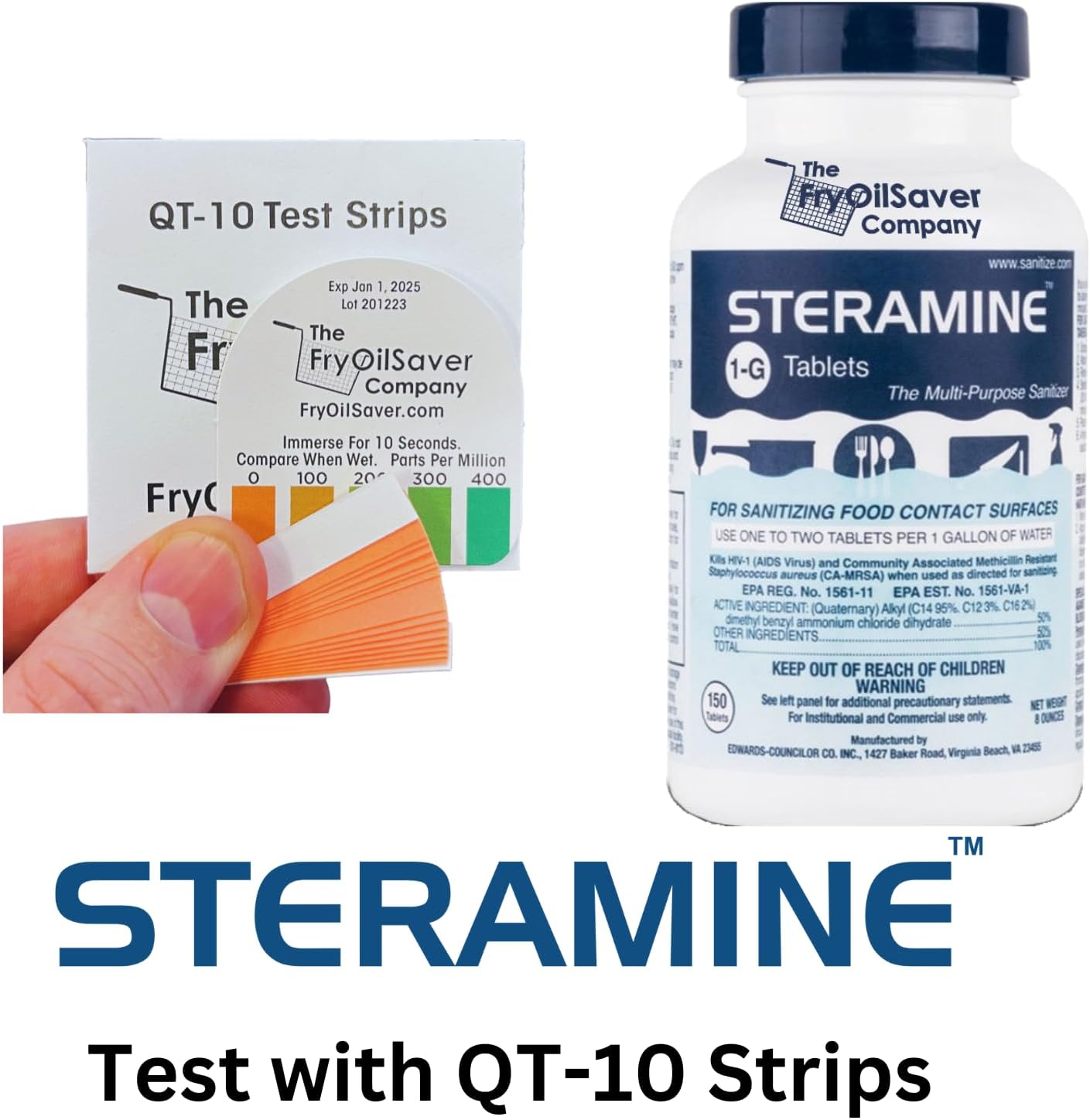 1 Bottle Steramine Sanitizer Tablets - Multi Purpose Steramine Sanitizing Tablets for Food Contact Surfaces, Bar, Hotel Kitchen, Busy Diners, Restaurants & FoodTrucks by FryOilSaver (150 Count)