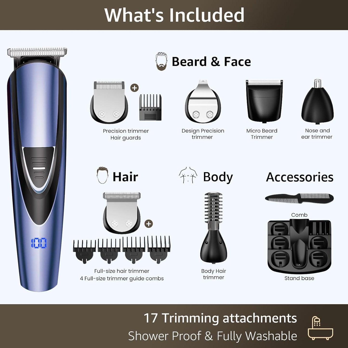 Electric Beard Trimmer for Men: 16-in-1 Professional Barber Hair Clippers - Cordless Grooming Kit - Turbo Speed & Precision Blades, Blue