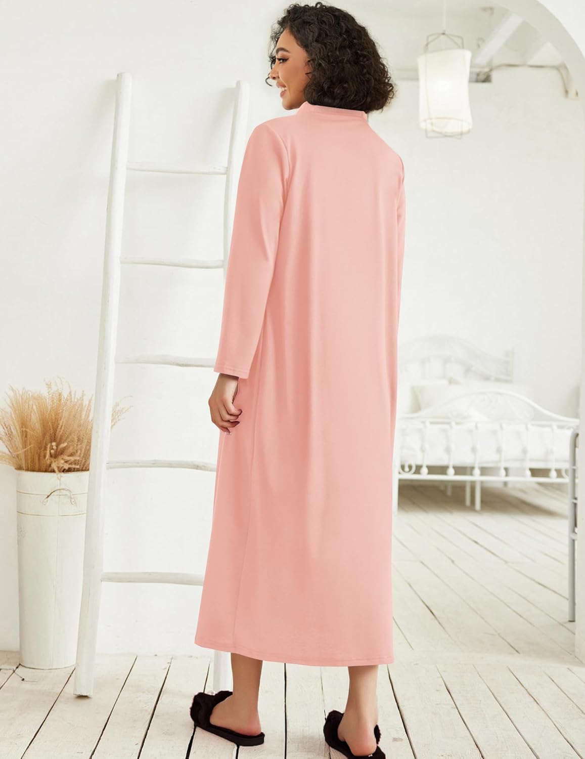 Ekouaer Women Zipper Robe Long Sleeve Loungewear Lightweight Housecoat Full Length Nightgown with Pockets