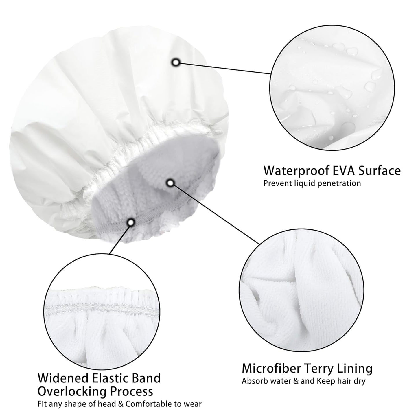 Shower Caps for Women, Terry Cloth Lined EVA Exterior Elastic and Reusable Bath Caps, Double Waterproof Layers Shower Cap, Bathing Shower Caps, Environmental Protection Bath Hair Cap - White