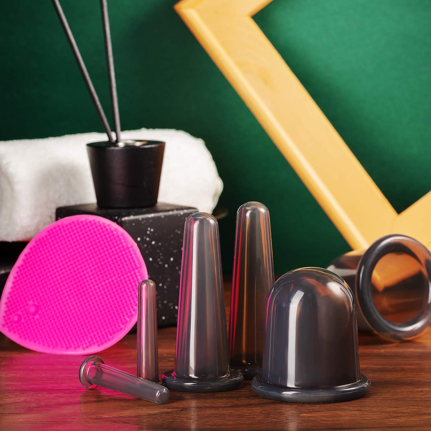 BBTO Silicone Facial Cupping Set, Vacuum Massage Cup Kit for Body, Face, Neck, Back, and Eye, 6 Cups and Exfoliating Brush(Black)