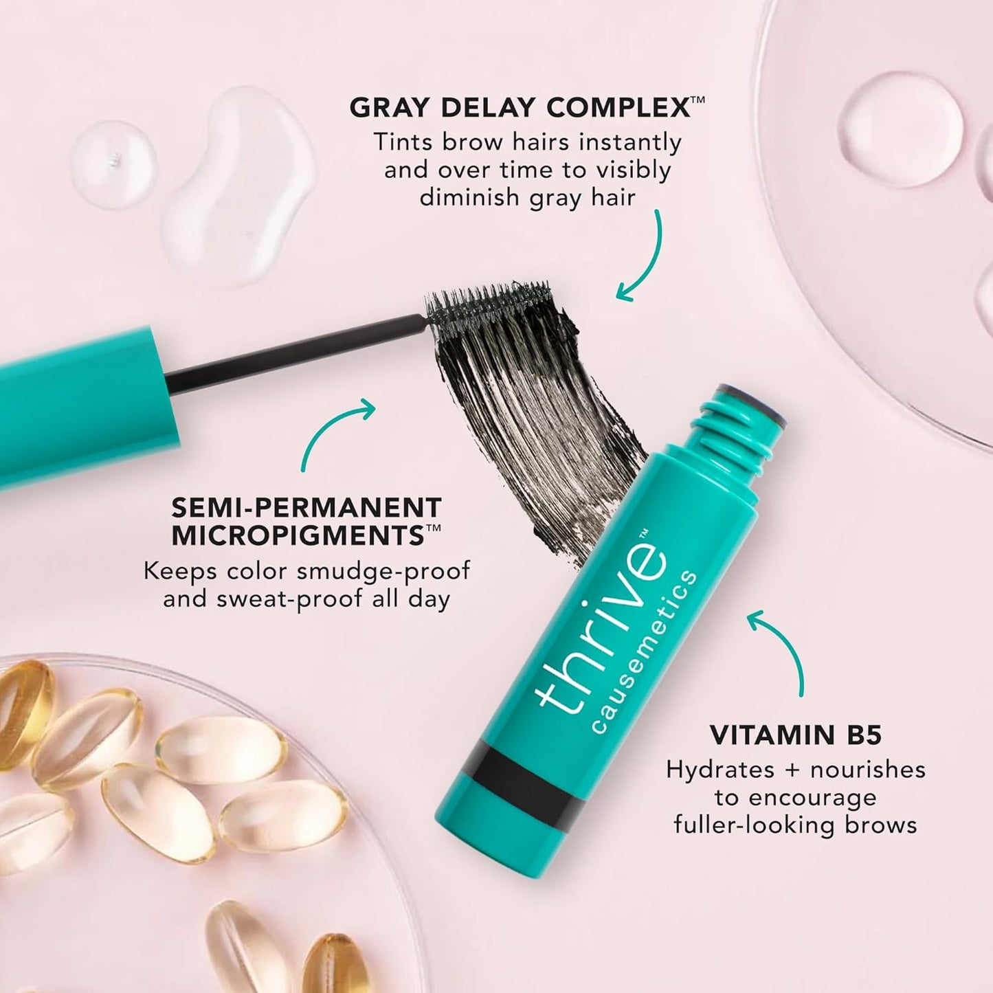 Thrive Causemetics Instant Brow Fix Semi-Permanent Eyebrow Gel, Waterproof Tinted Eye Brow Gel with Vitamin B5, Smudge-Proof, Vegan & Cruelty Free, Tova (Soft Black)