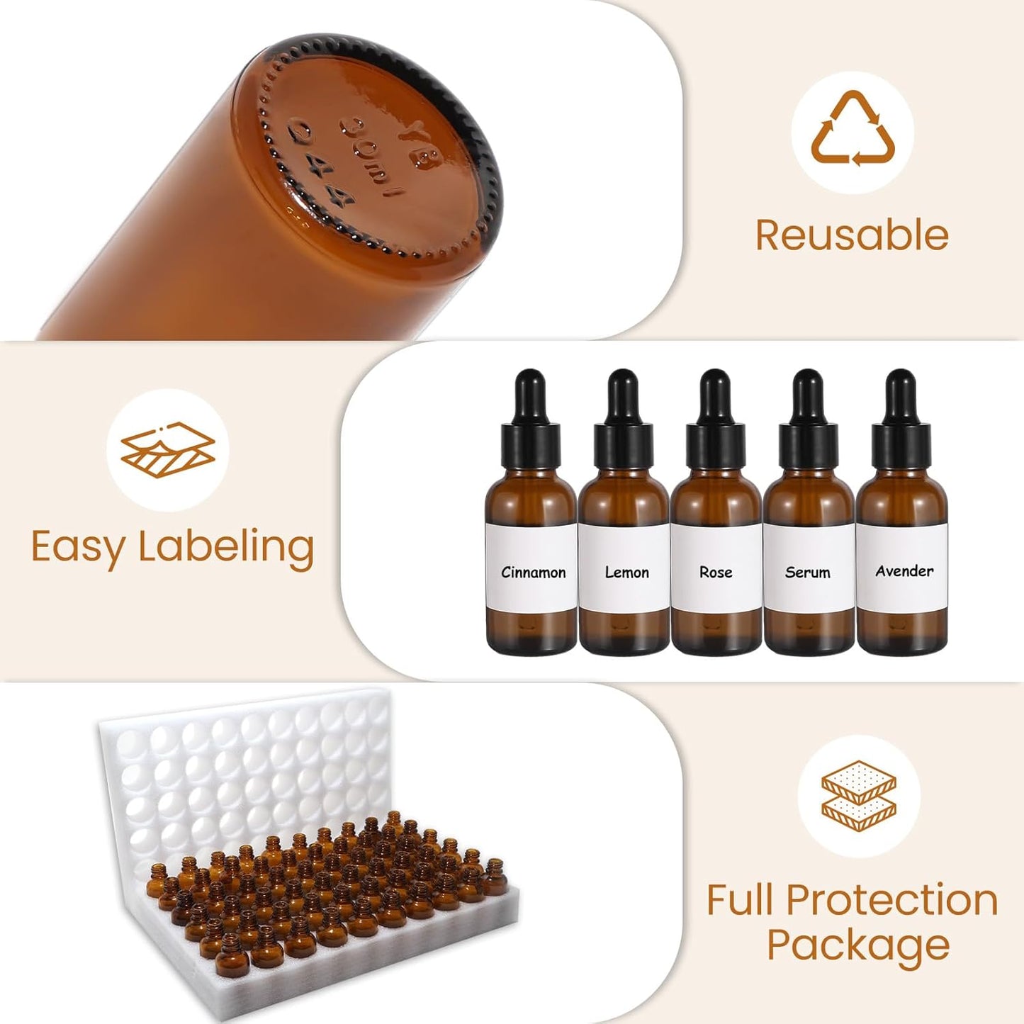 50 Pack 1oz Amber Glass Dropper Bottles Leakproof with Funnels, Eye Droppers, Extra Caps, Labels - Refillable UV 30ml Empty Bottles for Tinctures, Essential Oils, Perfume, Beard, Hair Oil