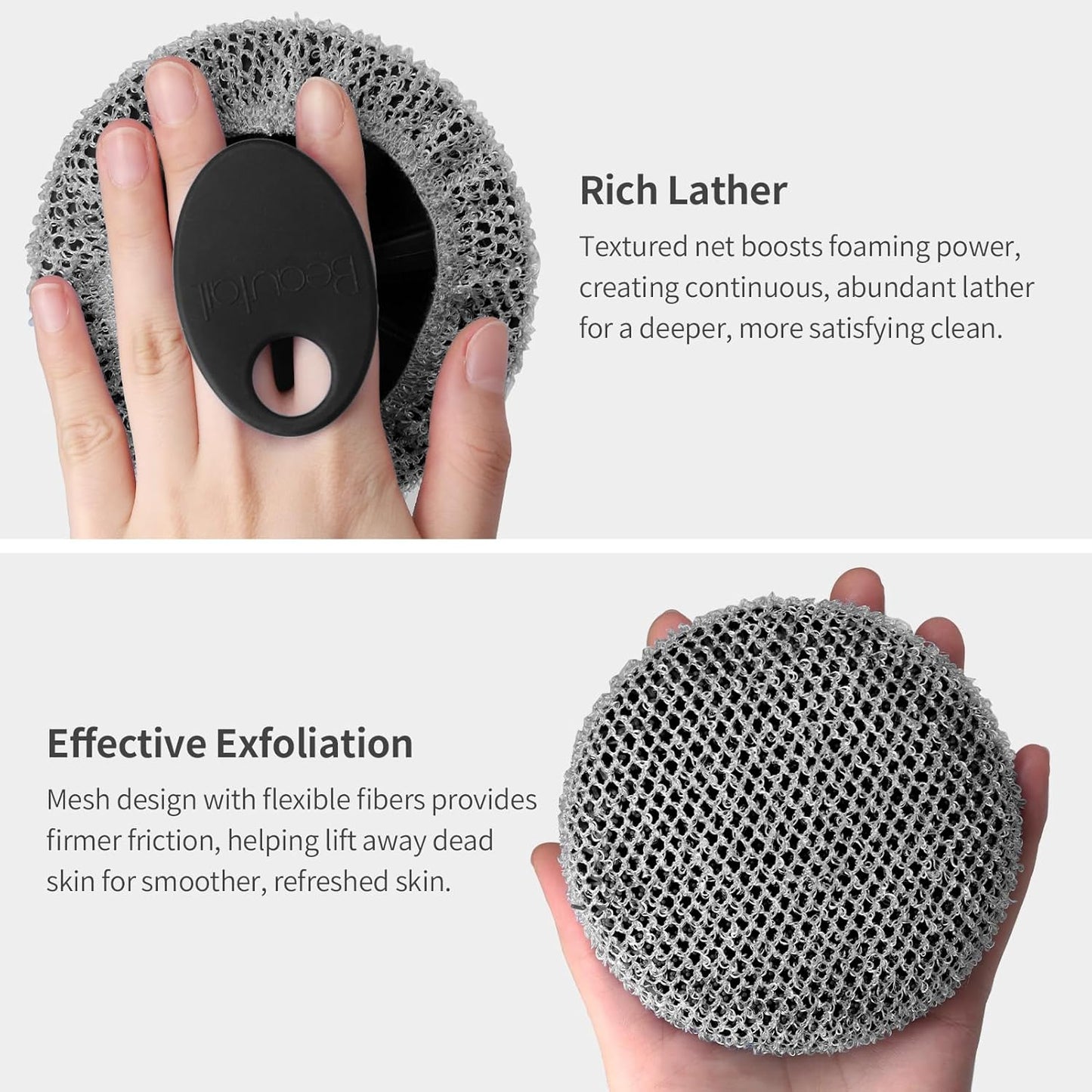 Scrub Net 2 Pack, Bath & Shower Body Scrubber Net for Rich Foam and Effective Exfoliation, Fits All BEAUTAIL Silicone Body Scrubbers, Blue + Gray