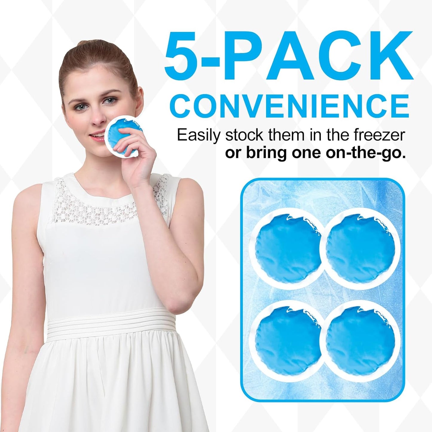 WORLD-BIO Small Soft Ice Pack for Injuries(5 pcs)- Round Ice Packs for Face,Reusable Gel Ice Pack with Cloth Backing & Sleeve for Pain Relief, Toothaches,Minor bruising-Blue