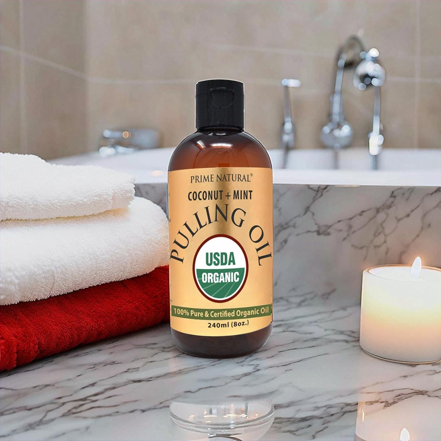 PRIME NATURAL Oil Pulling with Organic Coconut & Organic Peppermint Oil 8oz | Cocomint | Natural Oral Care & Teeth Whitening | Alcohol Free Mouthwash Freshens Breath, Healthier Teeth & Gums