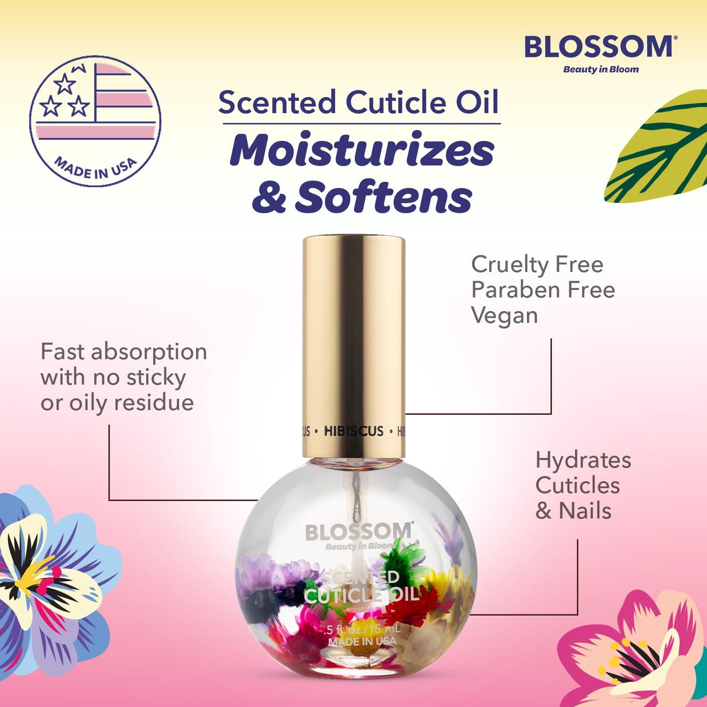 Blossom Cuticle Oil for Nails, Hydrating, Moisturizing, Scented Nail Oil Cuticle Care, Infused with Real Flowers, Made in USA, 0.5 fl. oz, Hibiscus