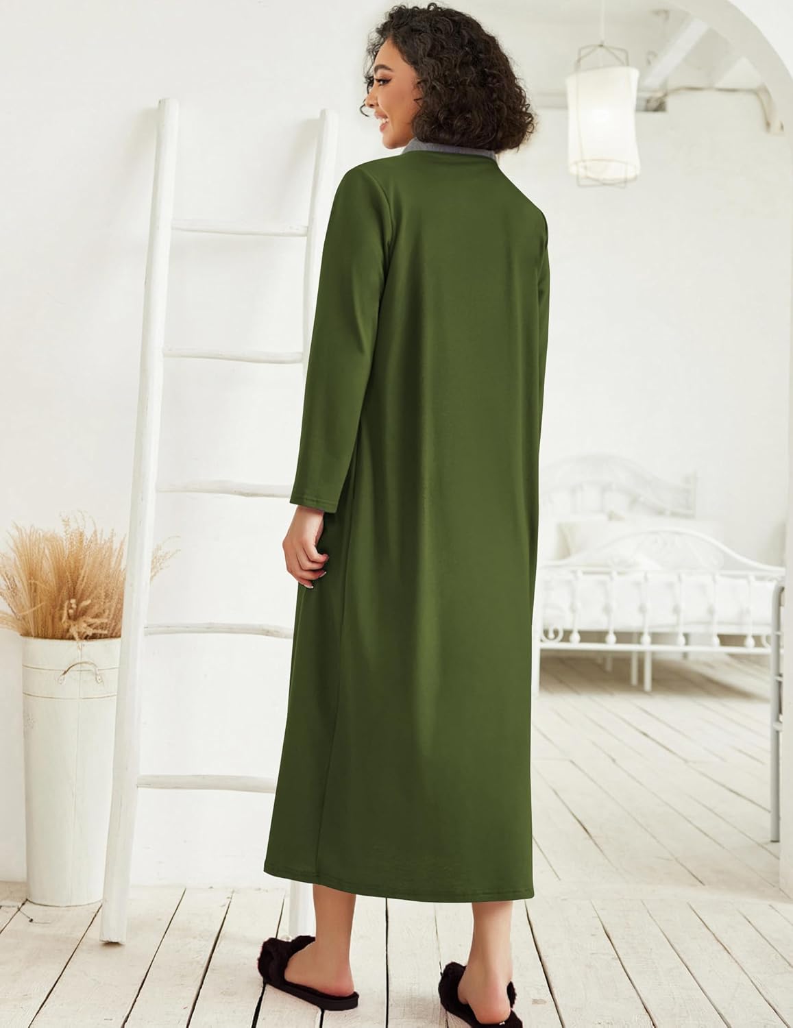 Ekouaer Women Zipper Robe Long Sleeve Loungewear Lightweight Housecoat Full Length Nightgown with Pockets