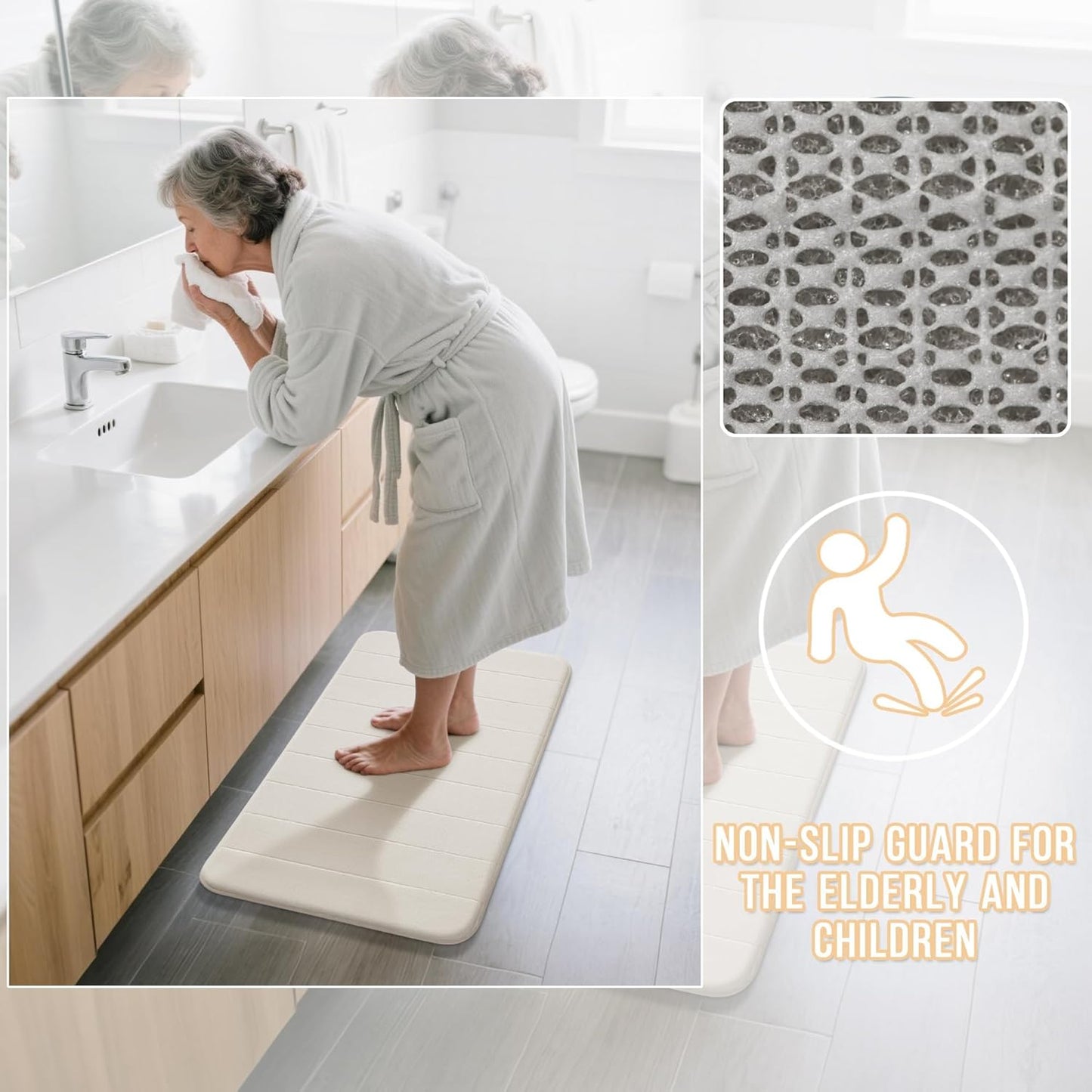 Yimobra Long Bath Mat 44"x24", Super Soft Quick Dry Memory Foam Bathroom Rug, Water Absorbent, Non Slip Backing Machine Washable for Tub Shower, Thick Comfort Support, Cream