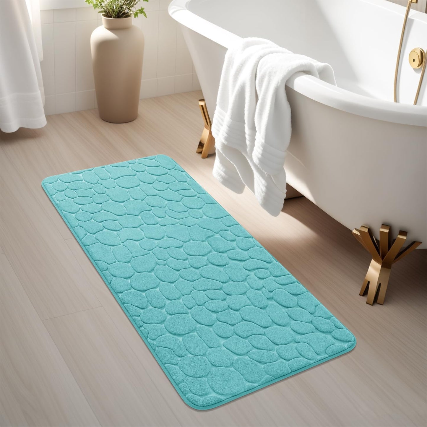 YIHOUSE Memory Foam Runner Rug, Cobblestone Bathroom Runner Rugs Super Water Absorbent Bath Mats for Bathroom Machine Washable Bath Rugs Runner for Hallway Bedroom Laundry Room(20 x 47,Teal)