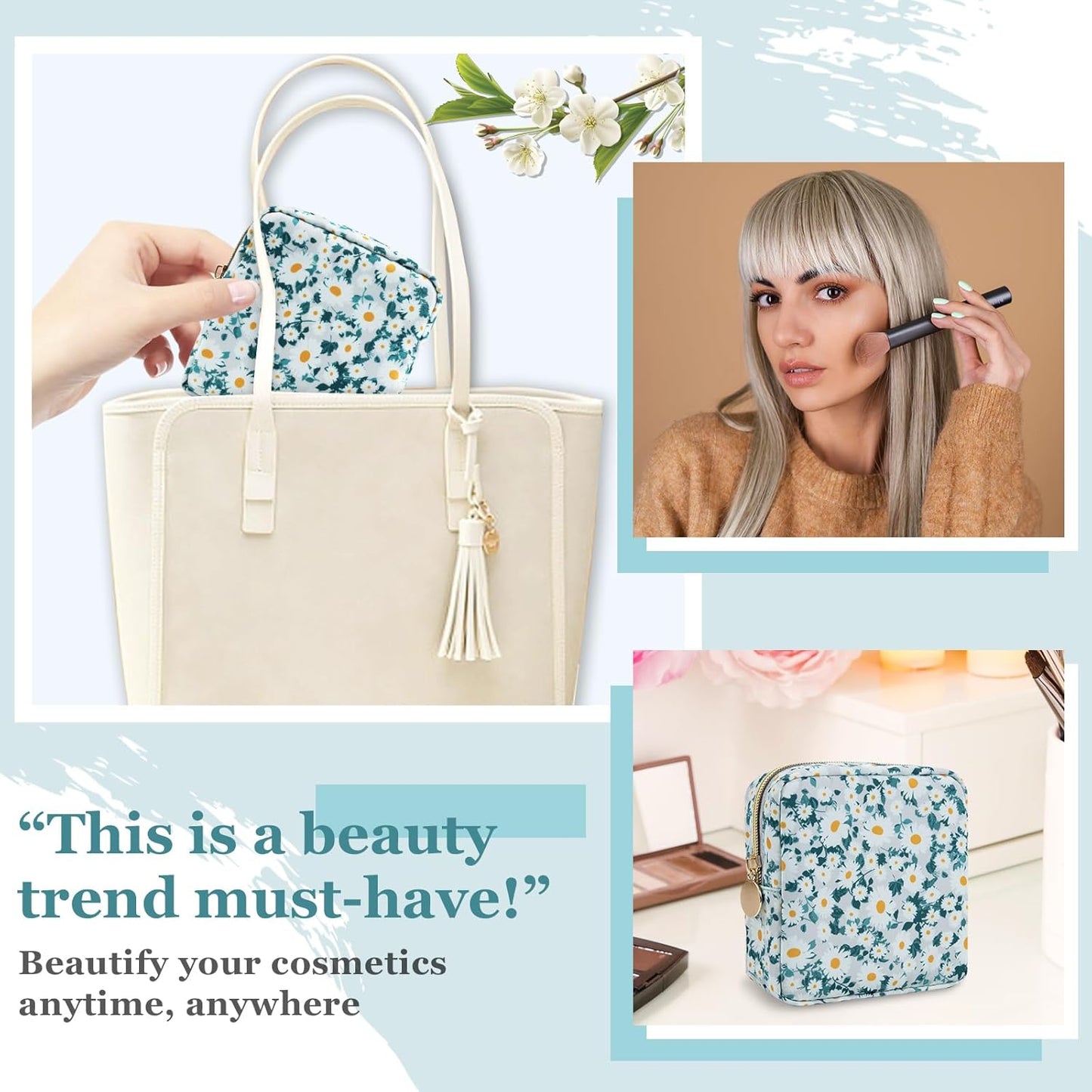 Nylon Mini Floral Makeup Bag for Purse, Small Cute Travel Makeup Bag Preppy Flower Cosmetic Zipper Pouch, Waterproof Coin Pouch Sanitary Napkin Storage Bag Make Up Organizer Set for Women(Green-Daisy)