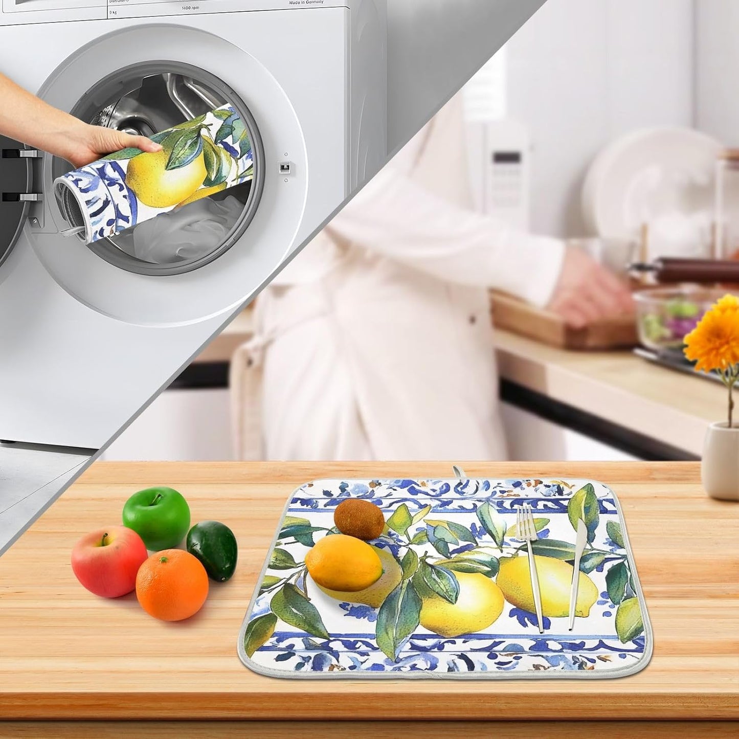 Lemon Olive Tree Italian Tile Dish Drying Mats for Kitchen Counter Absorbent Microfiber Dish Drying Matt 16 x 18 Inch Draining Reusable Rack Pad