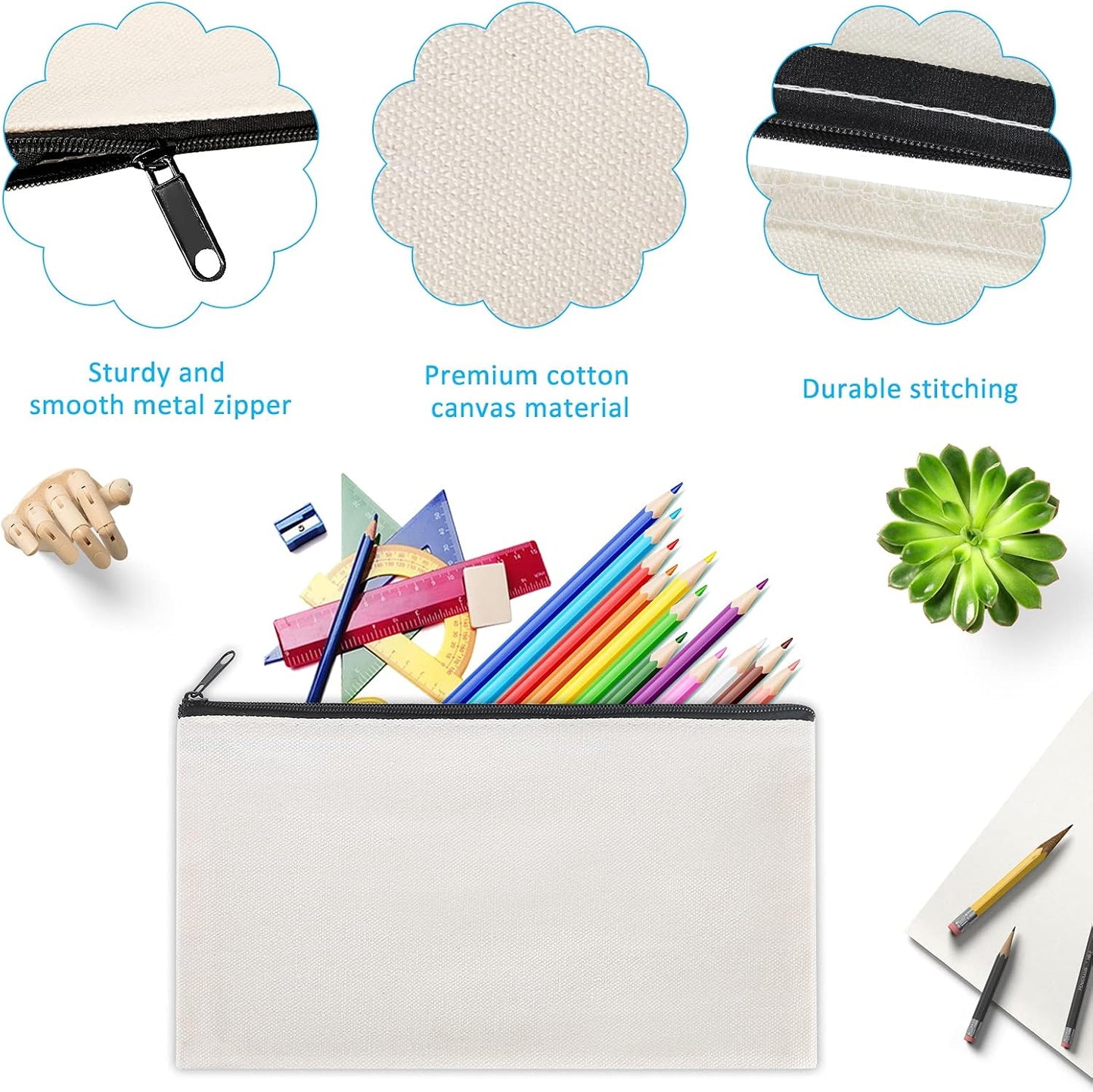 12 Pieces White Cotton Canvas Makeup Bag, Multipurpose Cosmetic Bag with Zipper Travel Toiletry Pouch, Blank DIY Craft Bag (White, L)