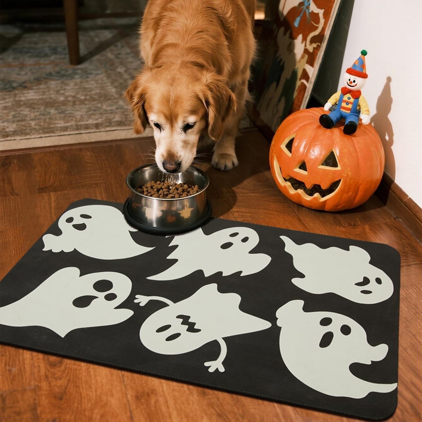 Halloween Bath Mat, Thin Halloween Bathroom Rug Non Slip Quick Dry Ghost Bath Mat Fits Under Door Thin Floor Mat Halloween Decor, 17''x30'', Ghosts Black
