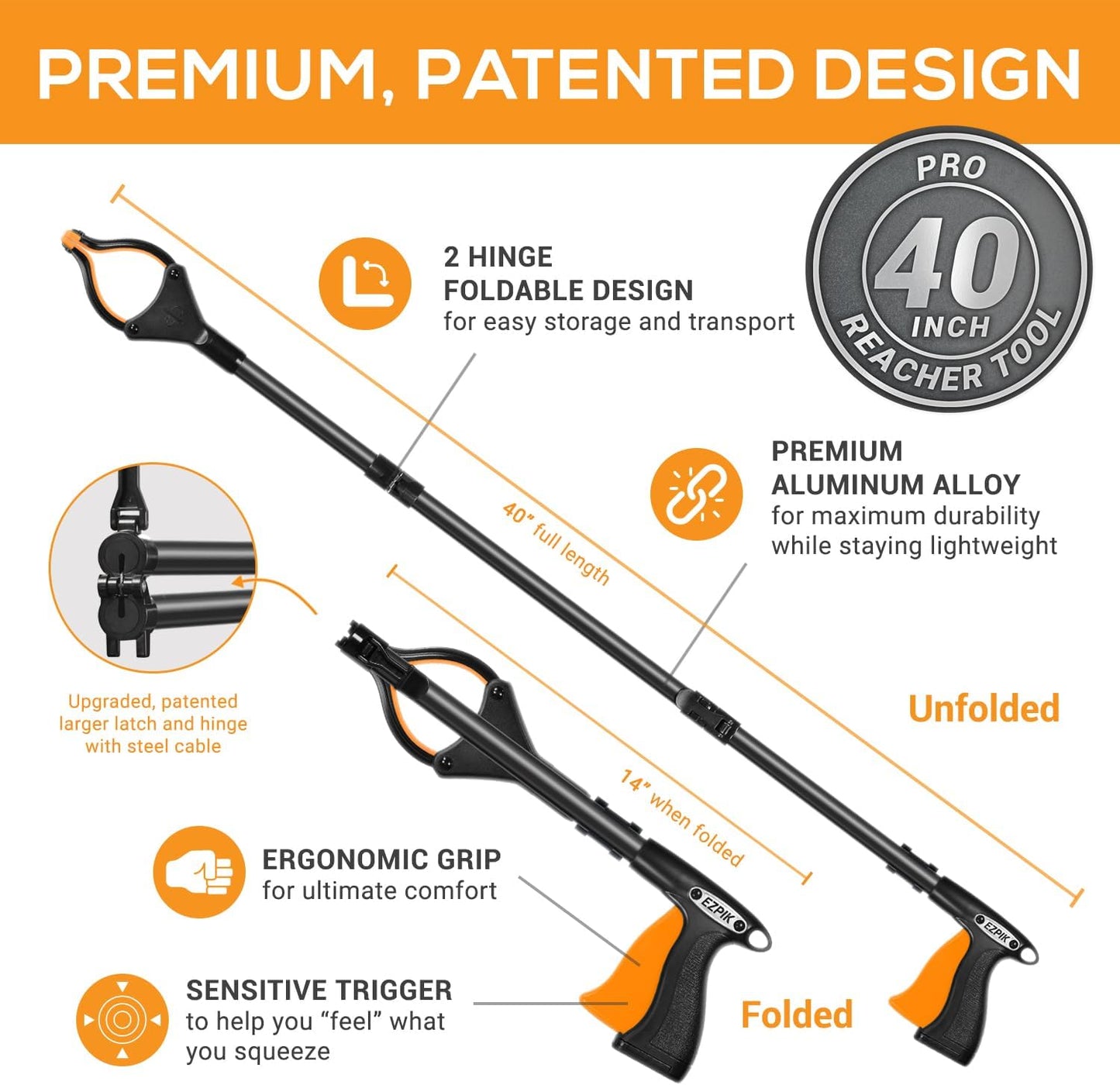 EZPIK Pro 40" Extended Grabber Reacher Tool for Elderly, Trash Hand Grabber Pickup Sticks for Seniors, Telescoping Extension Gripper Claw Pickup Tool, Hand Extension Magnetic Folding Tongs