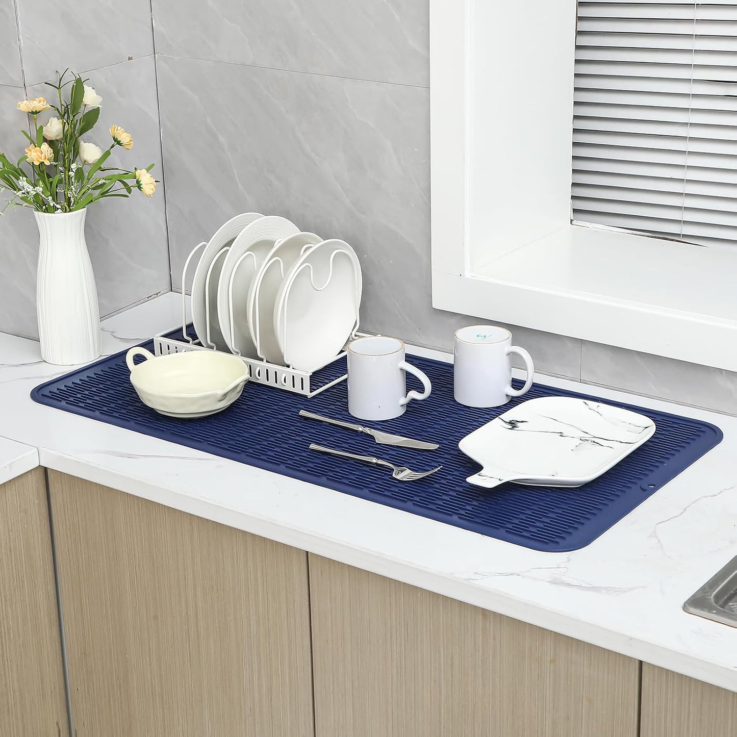 Silicone Dish Drying Mat for Multiple Usage,Easy clean,Eco-friendly,Heat-resistant Silicone Mat for Kitchen Counter or Sink,Refrigerator or Drawer Liner Navy Blue 5XL 36inches x 18inches