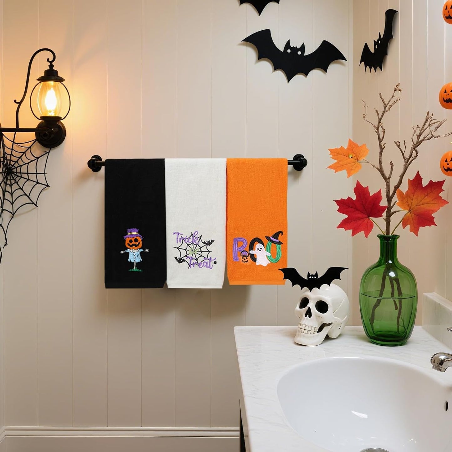 Halloween Hand Towels 3 Pack, Cotton Orange Black Beige Ghost Embroidered Decorative Towels for Bathroom & Kitchen Holiday Décor, 13.7 in × 29.5 in