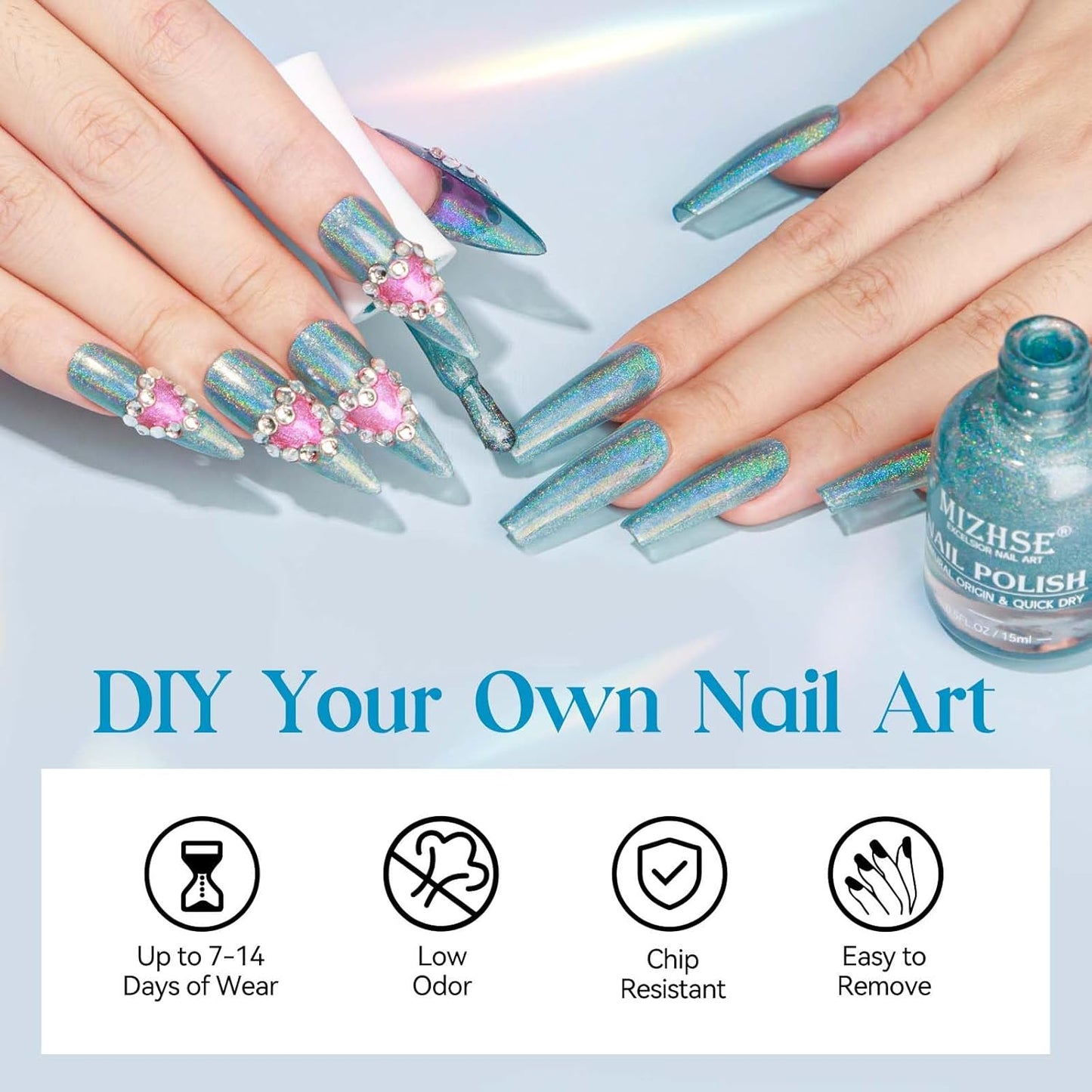 MIZHSE Holographic Nail Polish, Blue Glitter Nail Polish Air Dry Fast, 15ml/0.5 fl oz High Glossy Shiny Shimmery Nail PigmentLaser Oil-based Iridescent Chrome Halo Nail Art Salon Manicure at Home