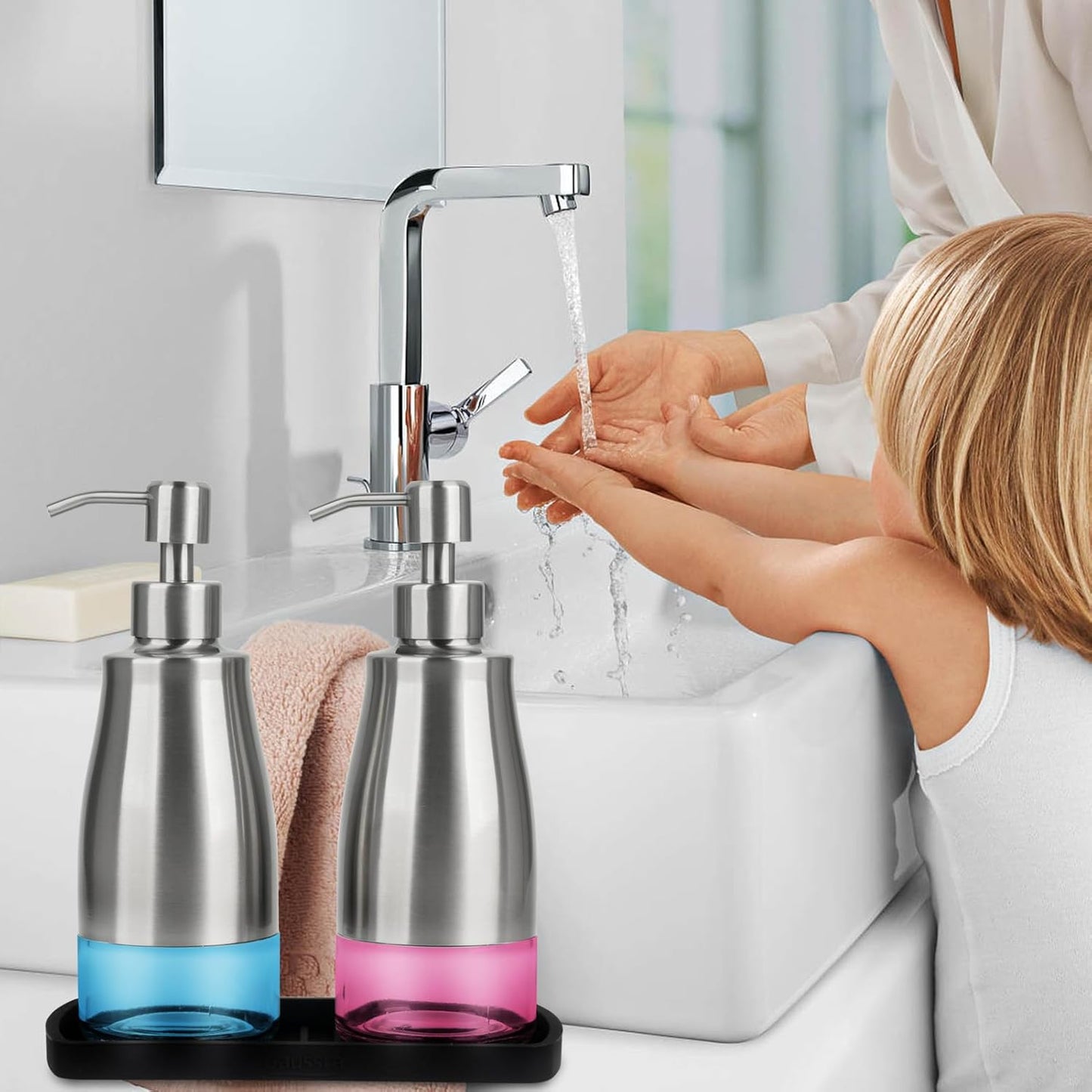 Gaussra Kitchen Soap Dispenser Set with Silicone Tray and Stickers - Brushed Nickel, Stainless Steel Glass Soap Dispenser Bathroom, Refillable Hand Dish Soap Dispenser for Kitchen Sink