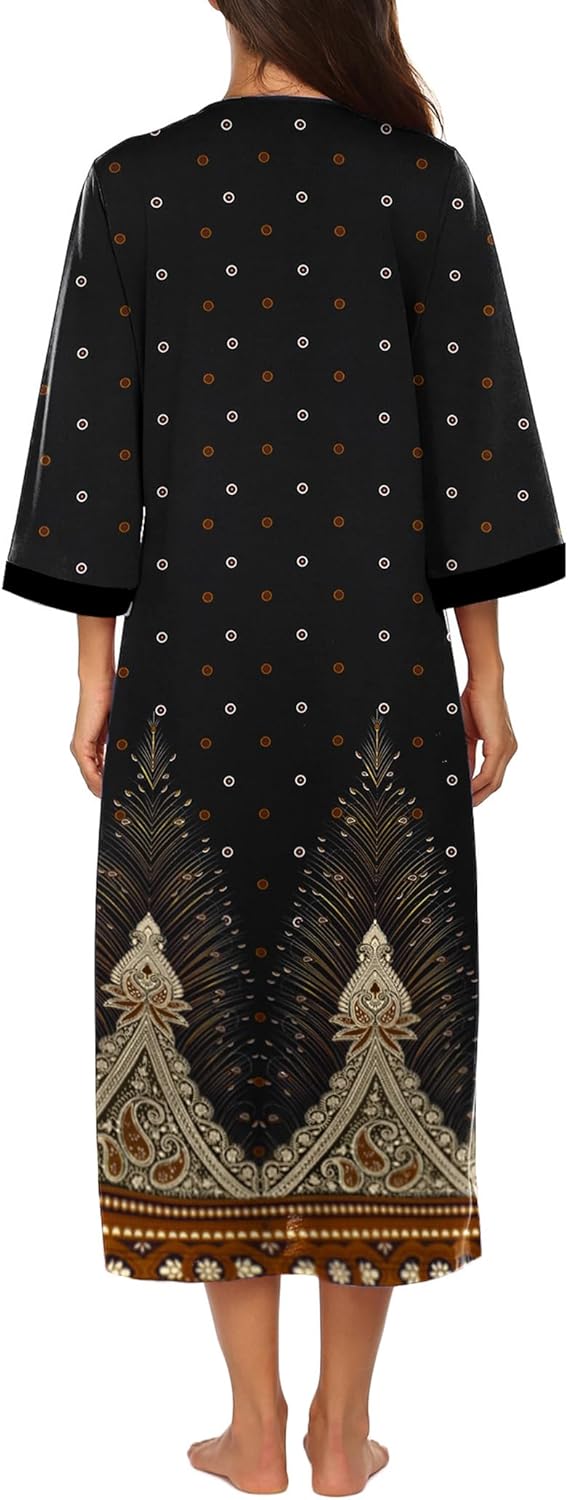 Ekouaer Women Zipper Robe 3/4 Sleeves Loungewear Dress Full Length Sleepwear Pockets Housecoat Nightgown Long Bathrobe