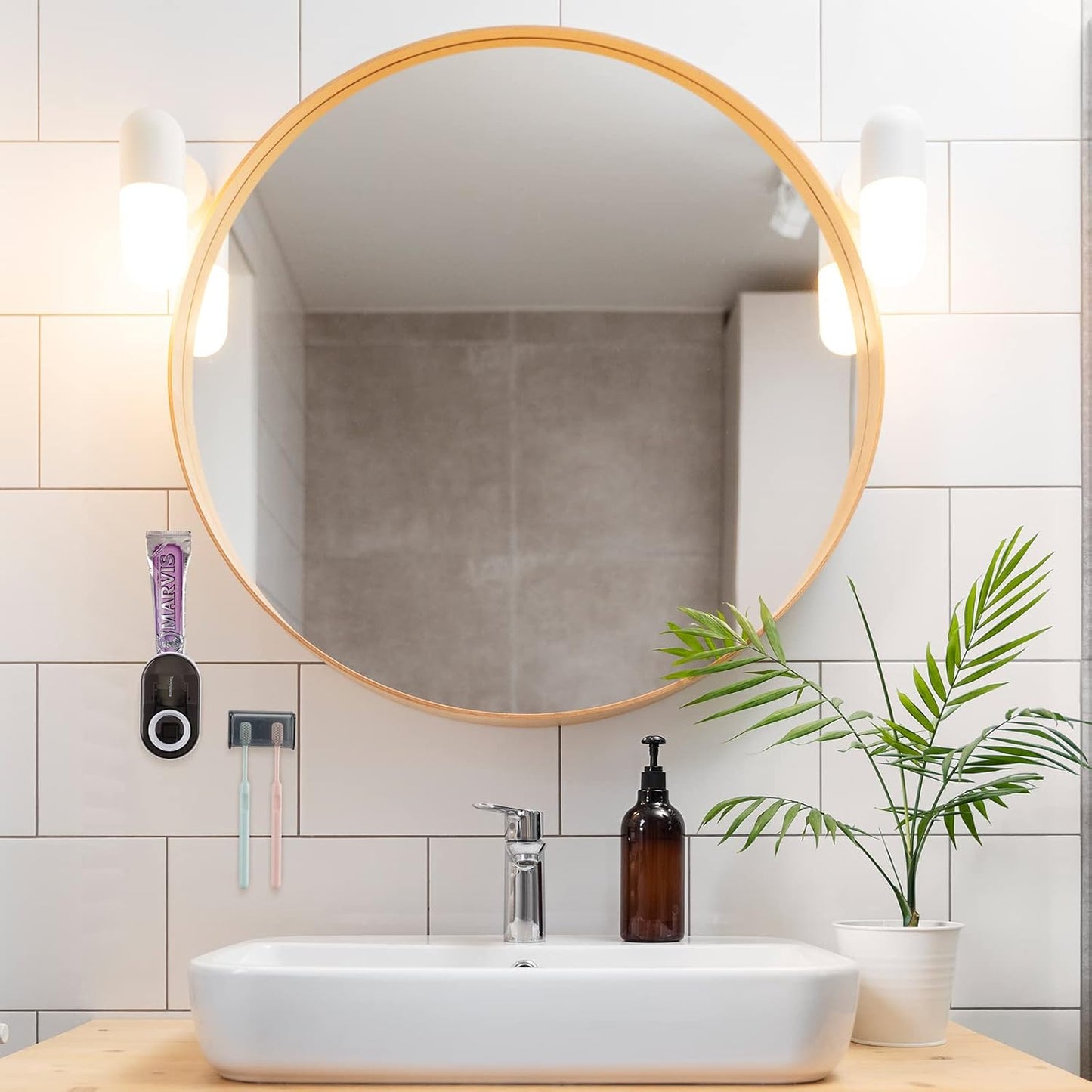 Toothbrush Holder Wall Mounted with Cover for Bathroom, 2 Slots Toothbrush Storage Organizer for Shower, Self Adhesive Toothbrush Hanger with Automatic Toothpaste Squeezer Dispenser